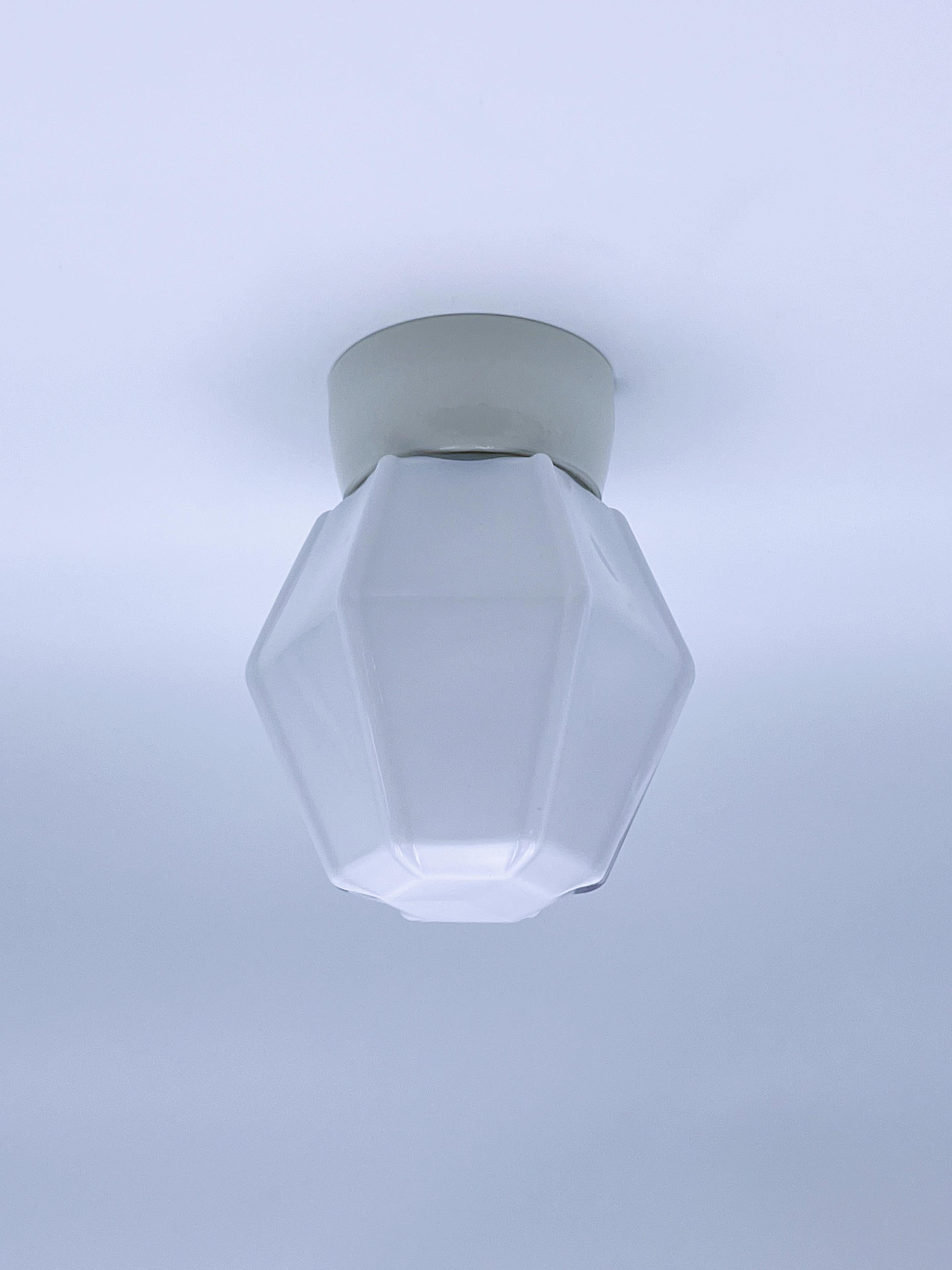 Norwegian Scandinavian Functionalist Flush Mount Ceiling Lamp, Opaline Glass, c.1930s. For Sale