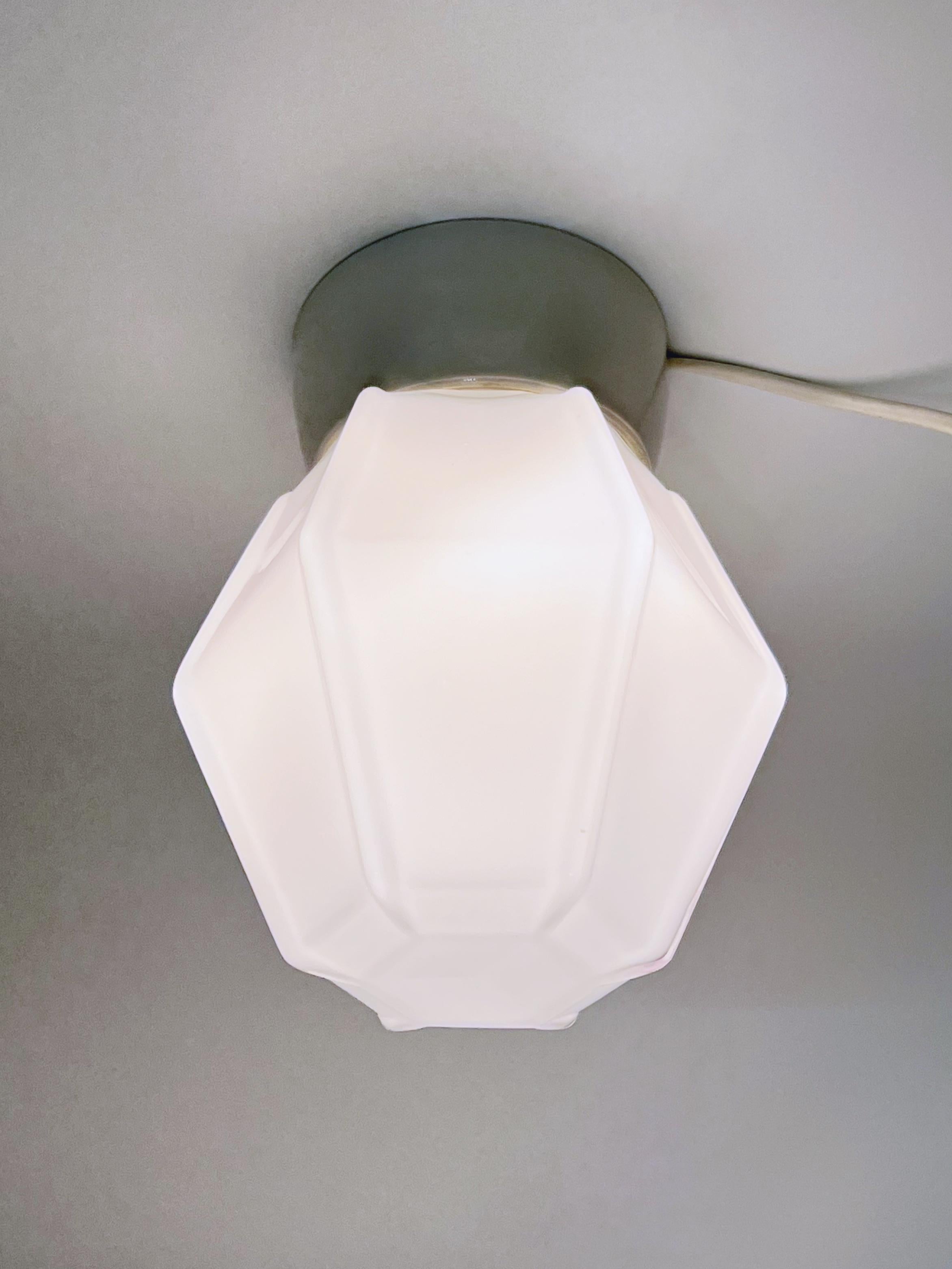 Porcelain Scandinavian Functionalist Flush Mount Ceiling Lamp, Opaline Glass, c.1930s. For Sale