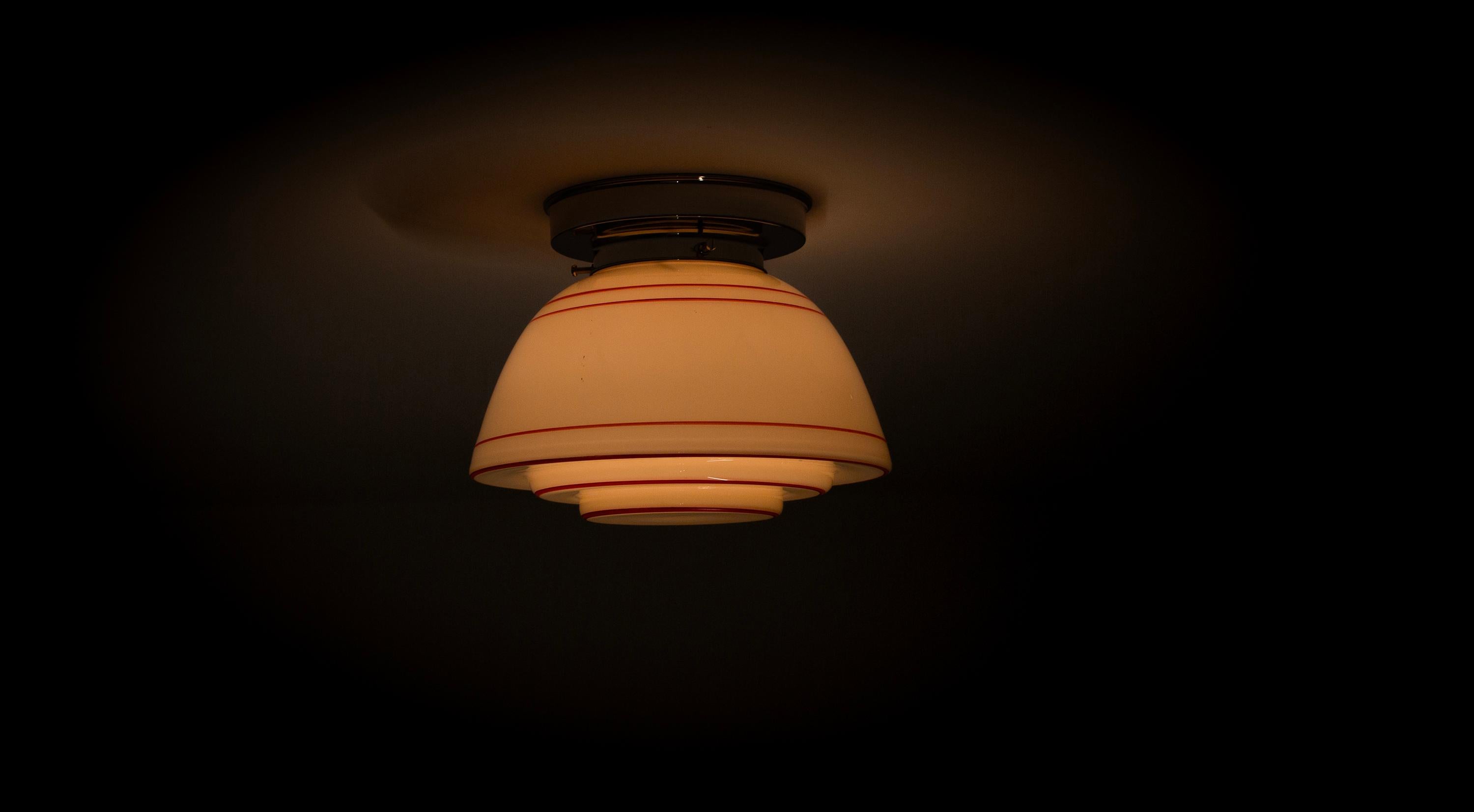Opaline Glass Scandinavian Functionalist Flush Mount Ceiling Light, 1950s For Sale