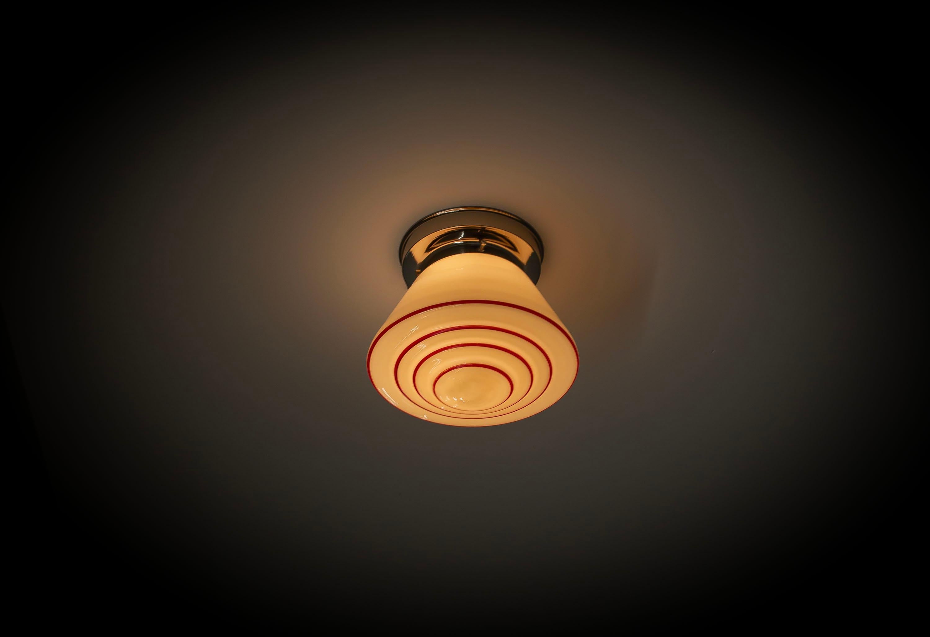 Opaline Glass Scandinavian Functionalist Flush Mount Ceiling Light, 1950s For Sale