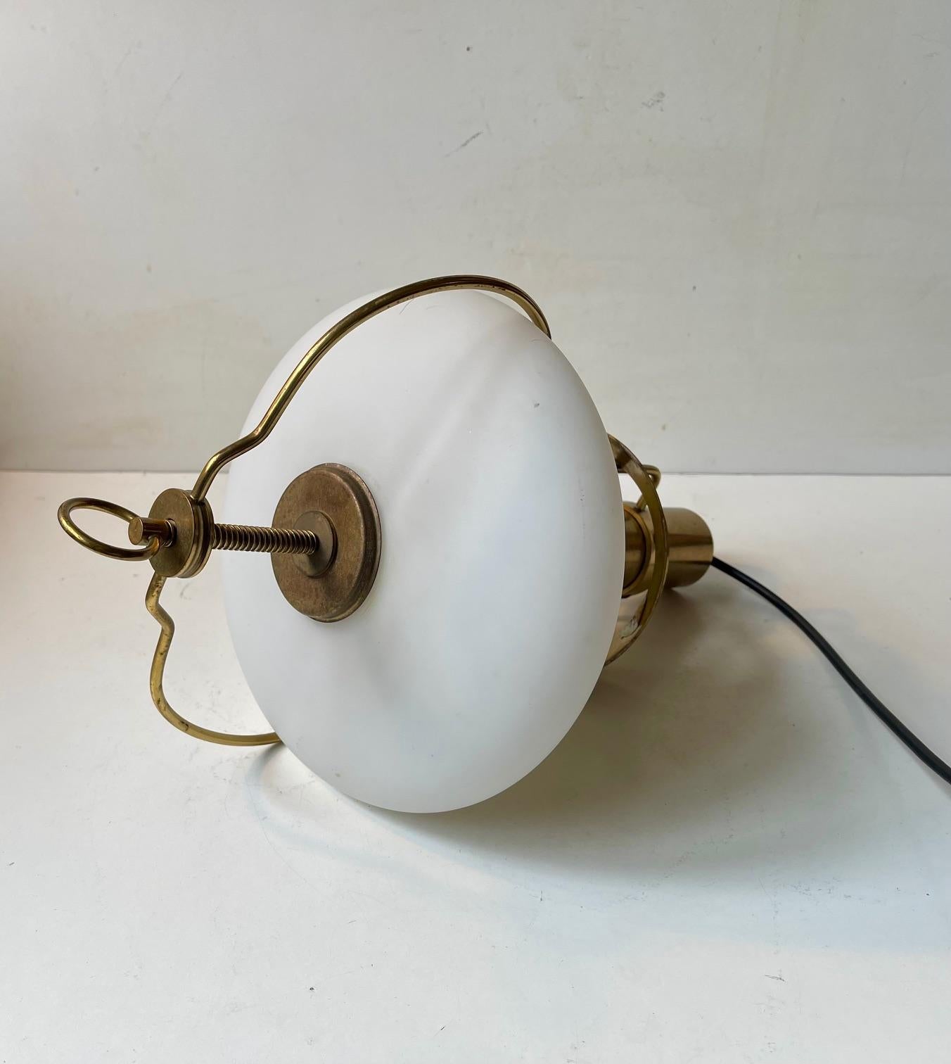 Mid-Century Modern Scandinavian Functionalist Hanging Lamp in Brass and Opaline Glass, Nautical For Sale