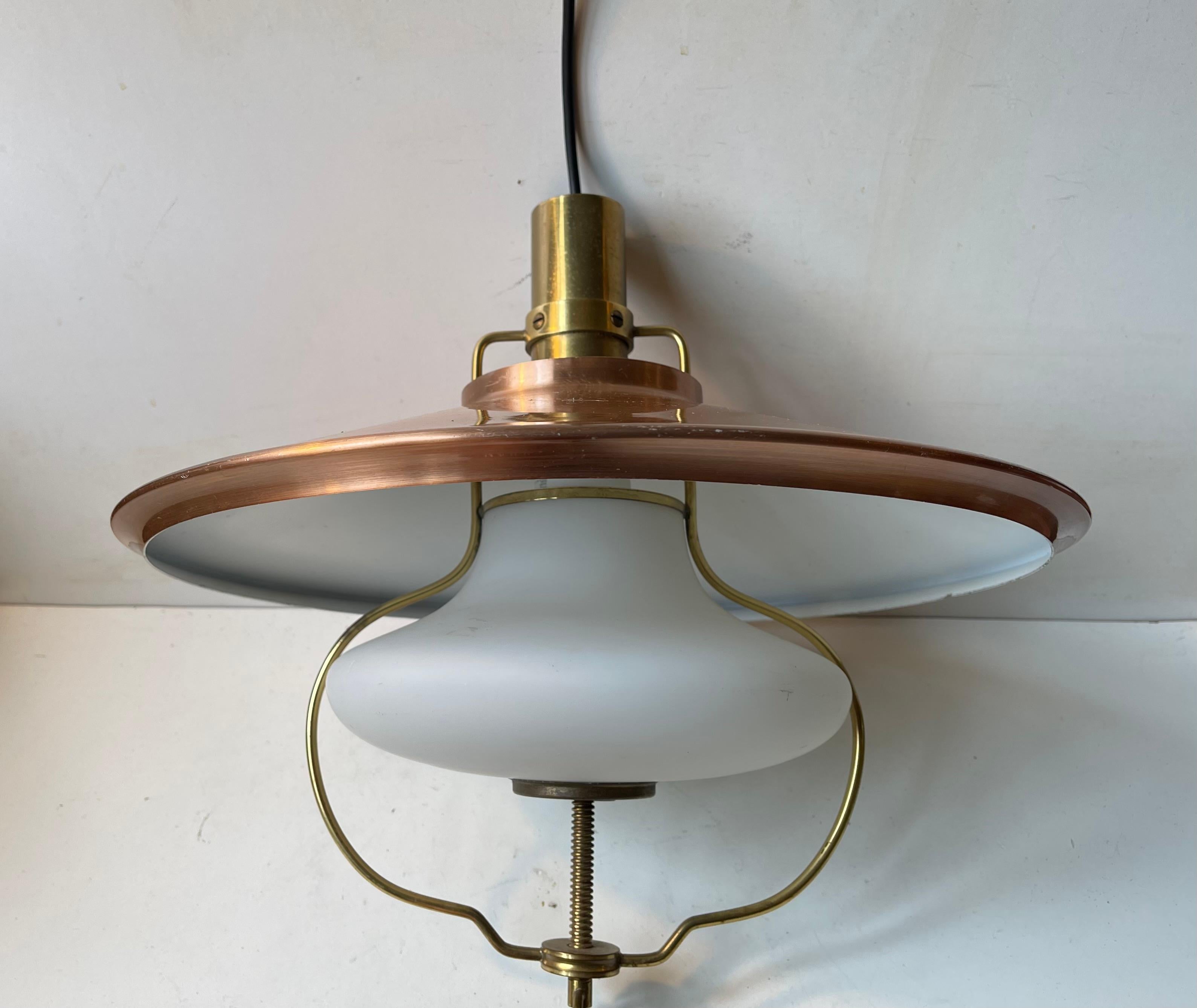 Danish Scandinavian Functionalist Hanging Lamp in Brass and Opaline Glass, Nautical For Sale