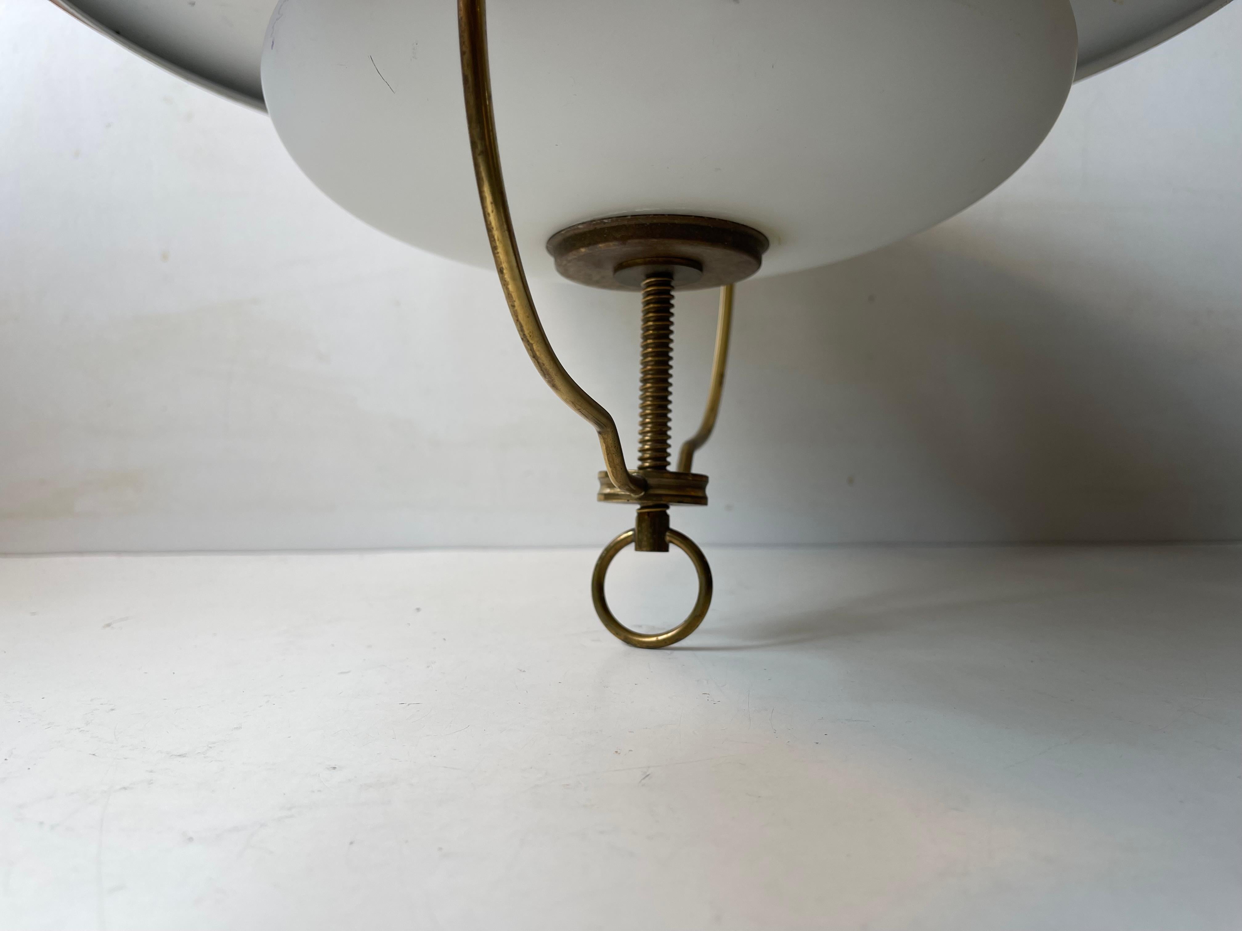 Mid-20th Century Scandinavian Functionalist Hanging Lamp in Brass and Opaline Glass, Nautical For Sale