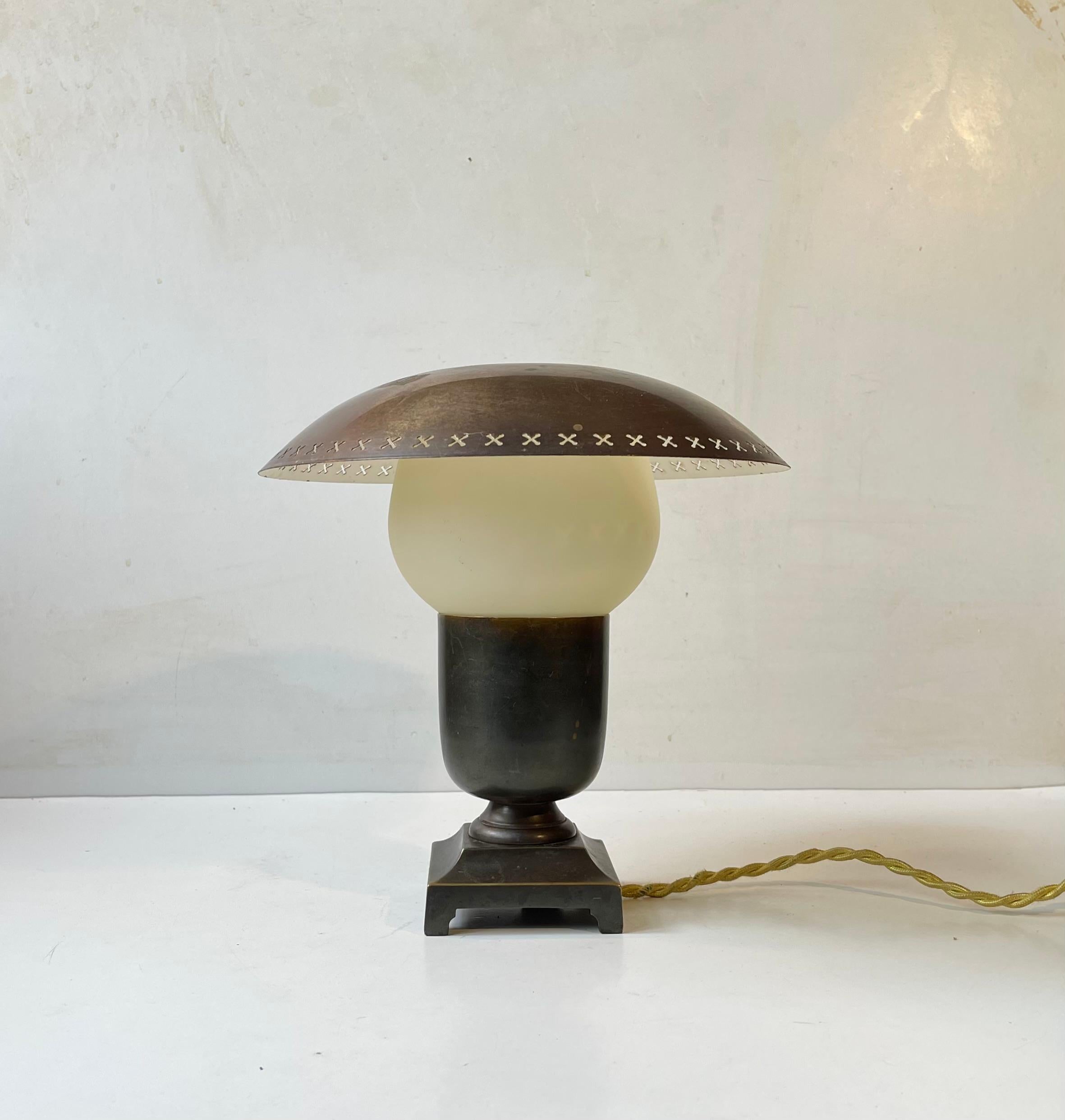 Art Deco Scandinavian Functionalist Table Lamp in Patinated Bronze & Opaline Glass