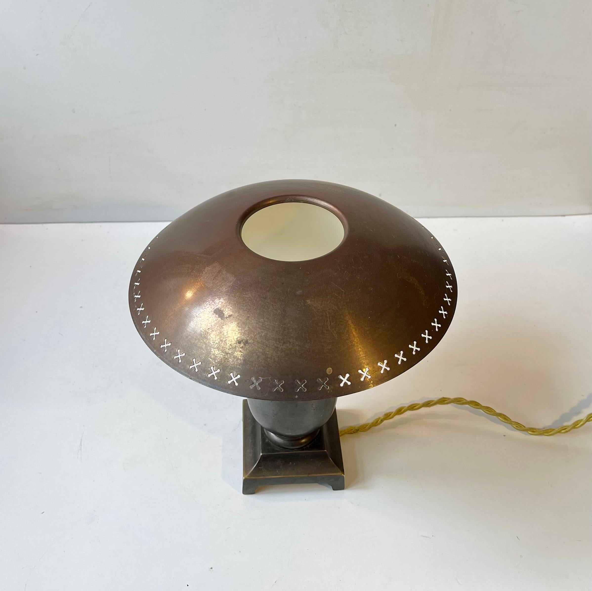 Mid-20th Century Scandinavian Functionalist Table Lamp in Patinated Bronze & Opaline Glass