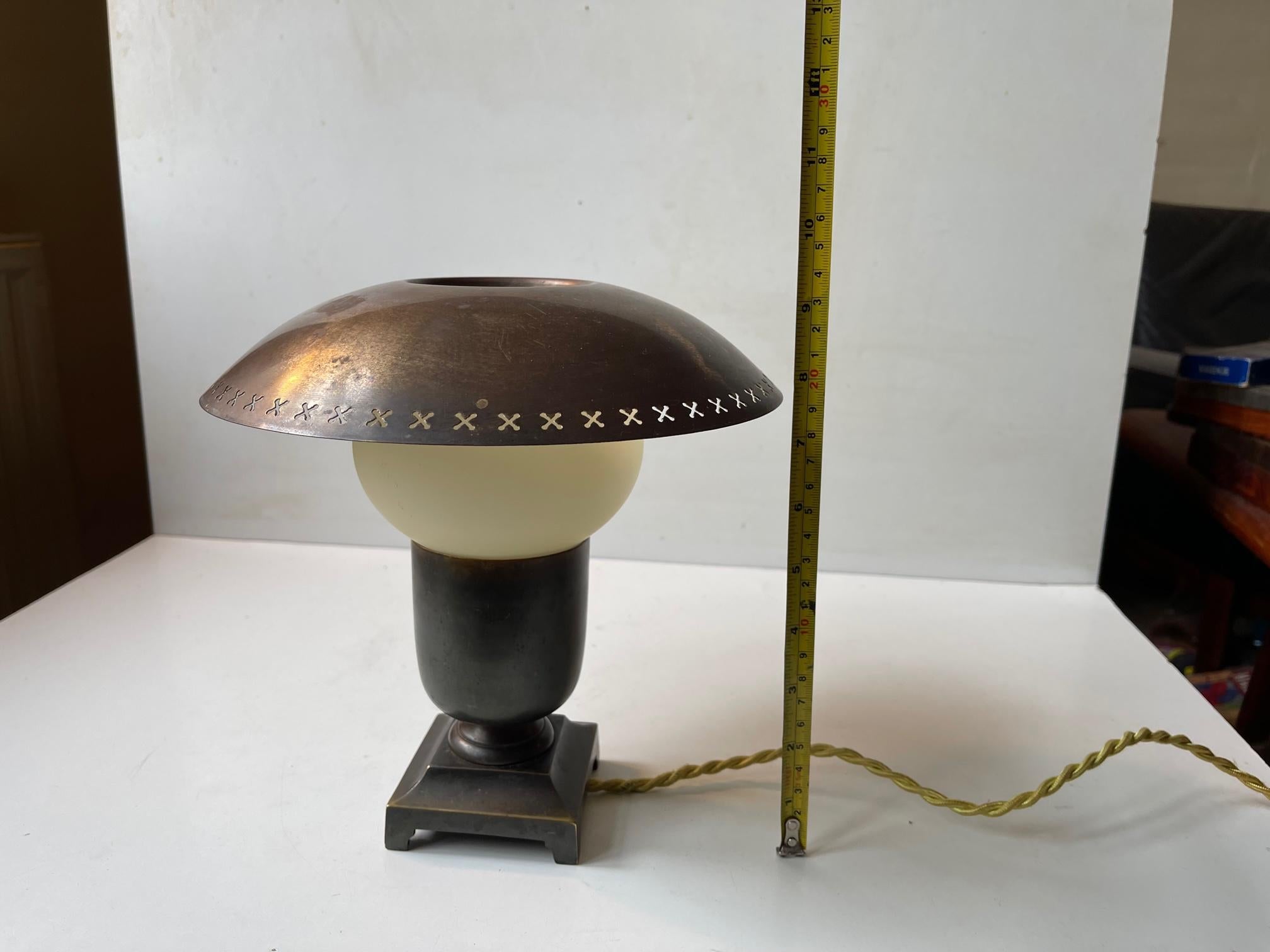 Scandinavian Functionalist Table Lamp in Patinated Bronze & Opaline Glass 3