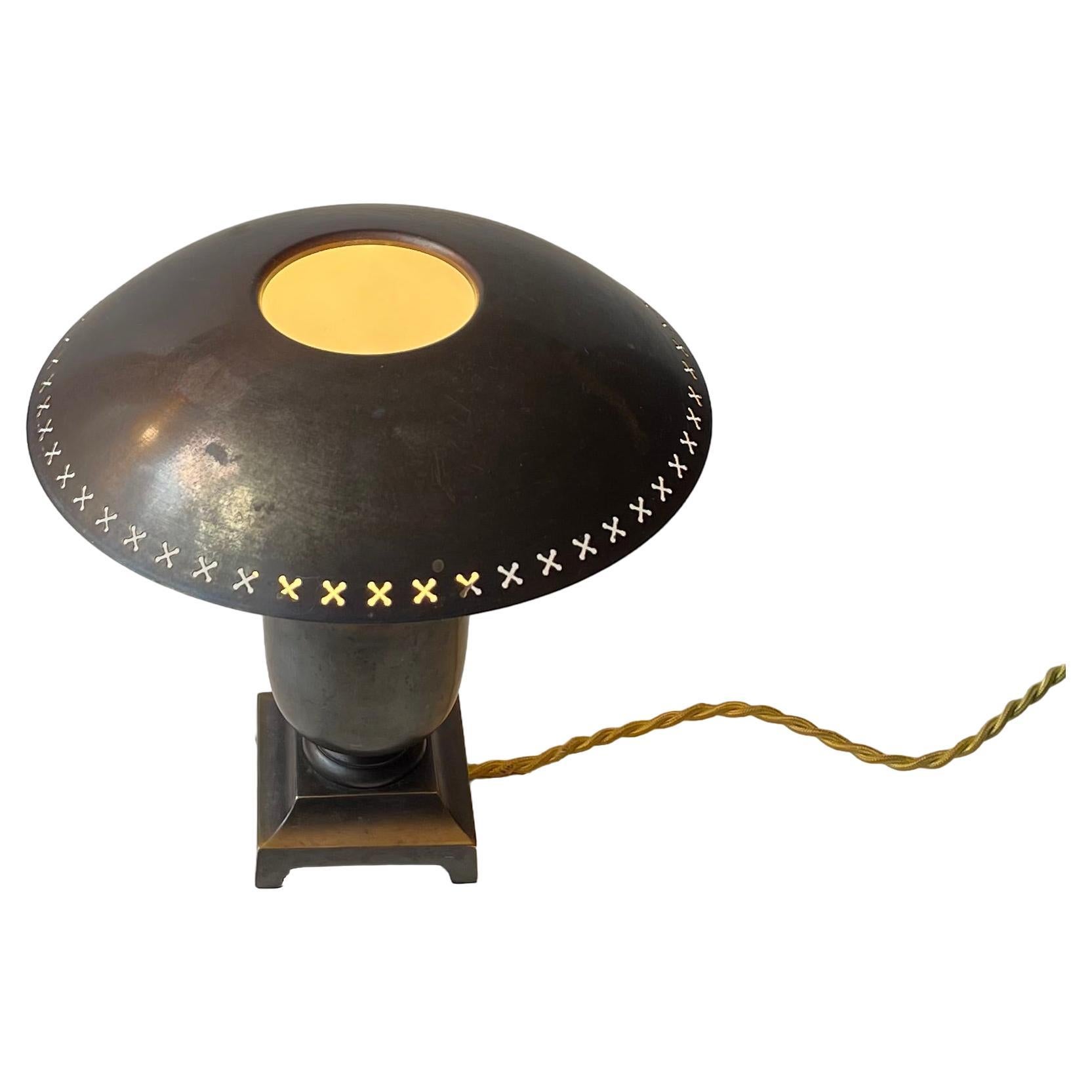 Scandinavian Functionalist Table Lamp in Patinated Bronze & Opaline Glass