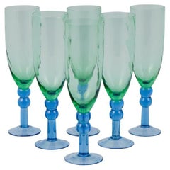 Retro Scandinavian Glass Artist. Set of Six Hand Blown Champagne Glasses