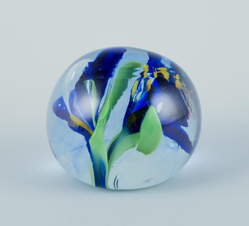Art Glass Scandinavian glass artist. Set of three paperweights in art glass. Flower motifs For Sale