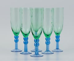 Scandinavian Glass Artist. Six Champagne Glasses in Green and Blue Glass