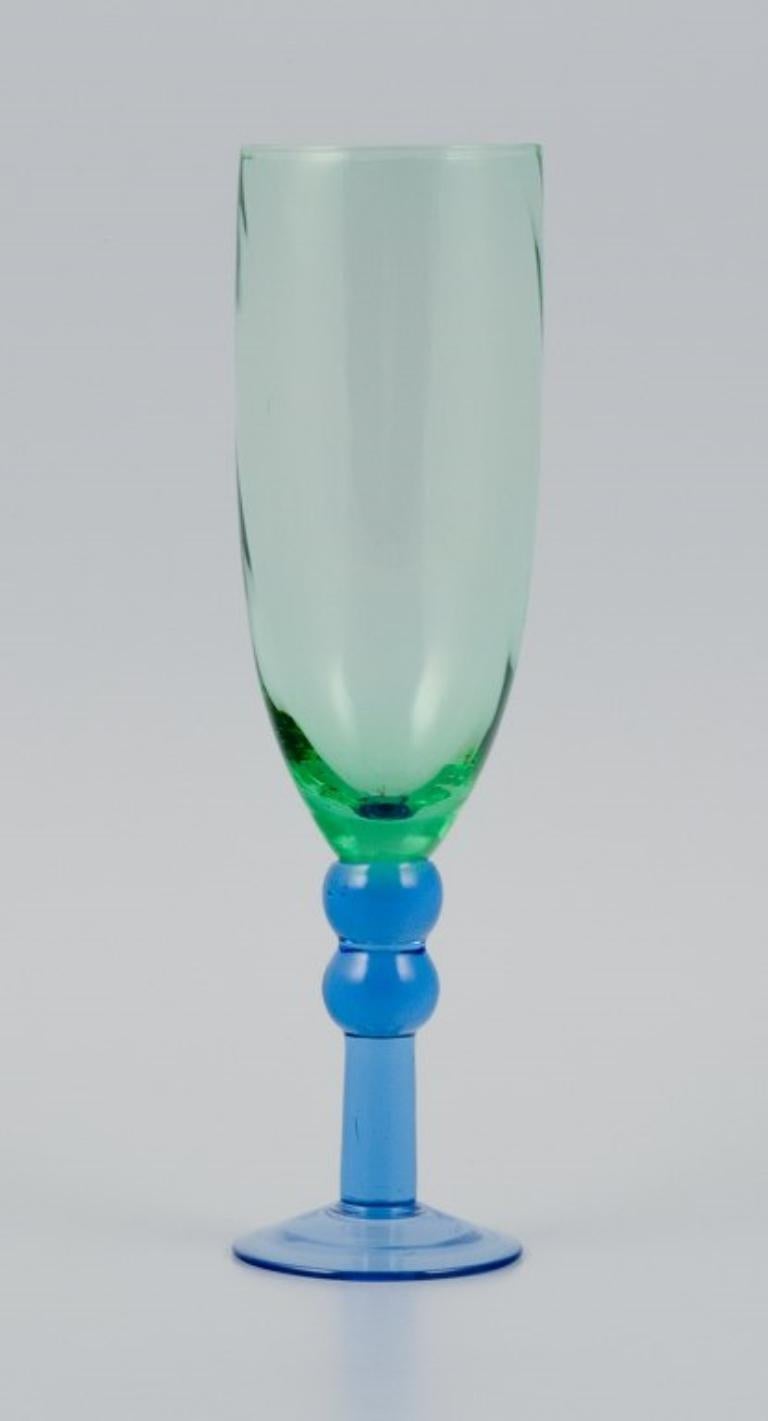 20th Century Scandinavian Glass Artist. Six Champagne Glasses in Green and Blue Glass For Sale