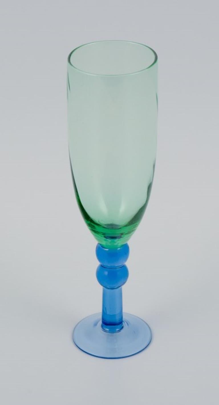 Scandinavian Glass Artist. Six Champagne Glasses in Green and Blue Glass For Sale 1