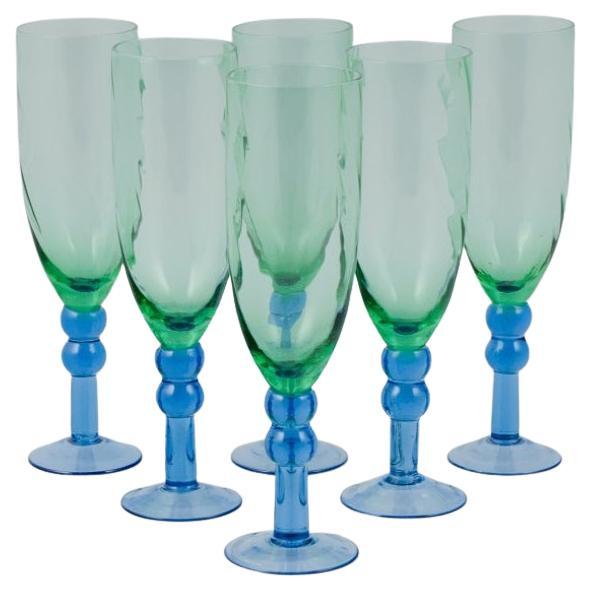 Scandinavian Glass Artist. Six Champagne Glasses in Green and Blue Glass