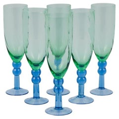 Retro Scandinavian Glass Artist. Six Champagne Glasses in Green and Blue Glass