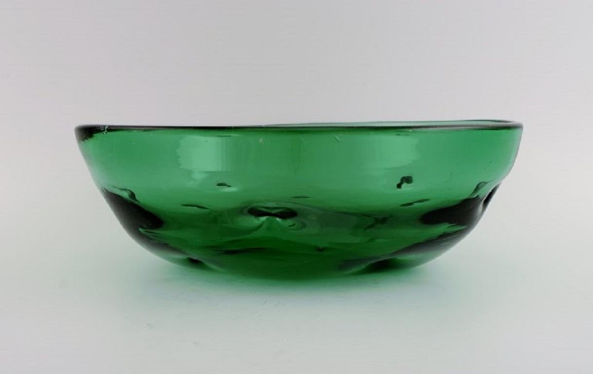 Scandinavian Modern Scandinavian glass artist. Unique bowl in green mouth-blown art glass. For Sale