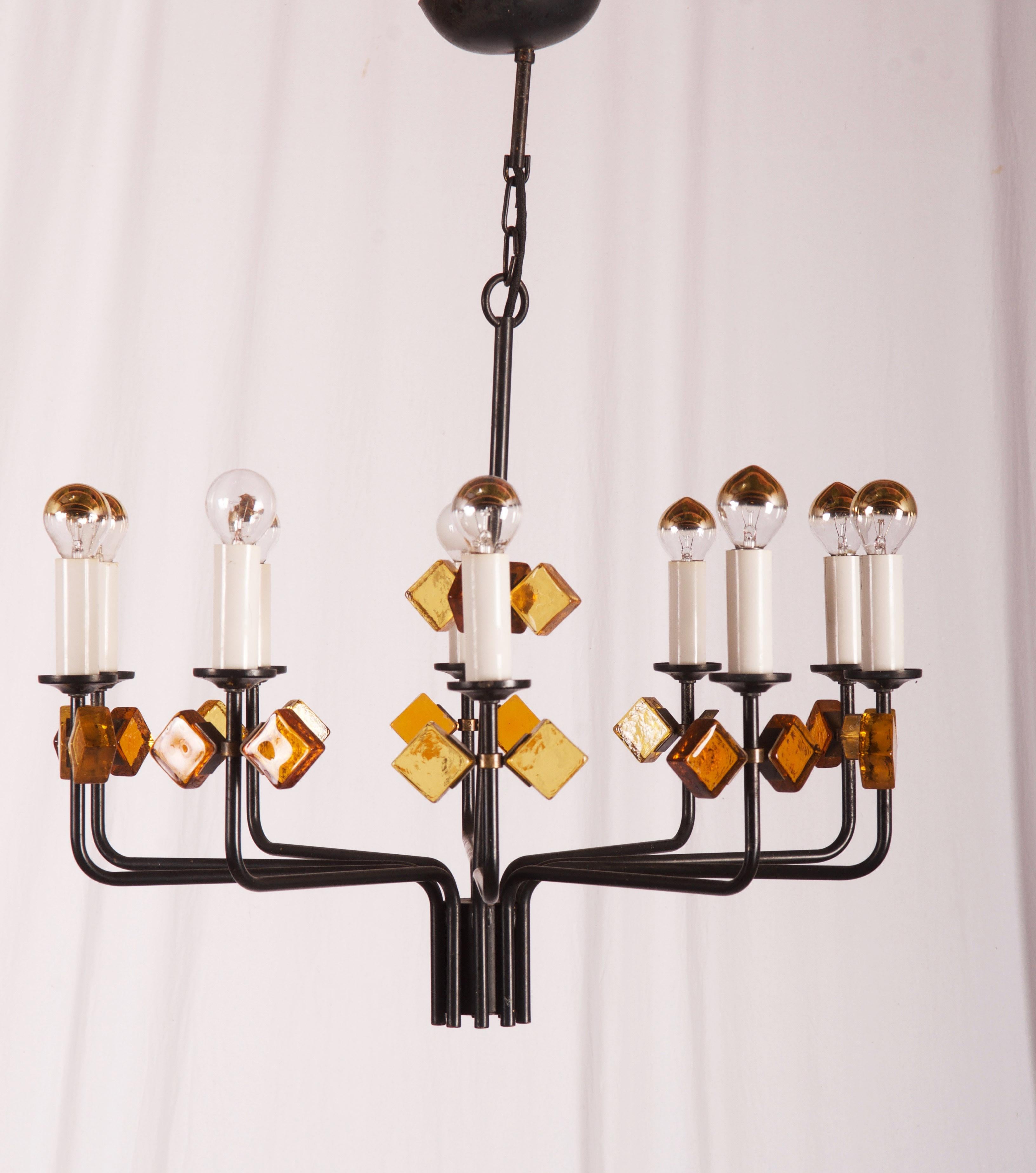 Scandinavian Glass and Iron Chandelier by Svend Aage Holm Sorensen For Sale 3