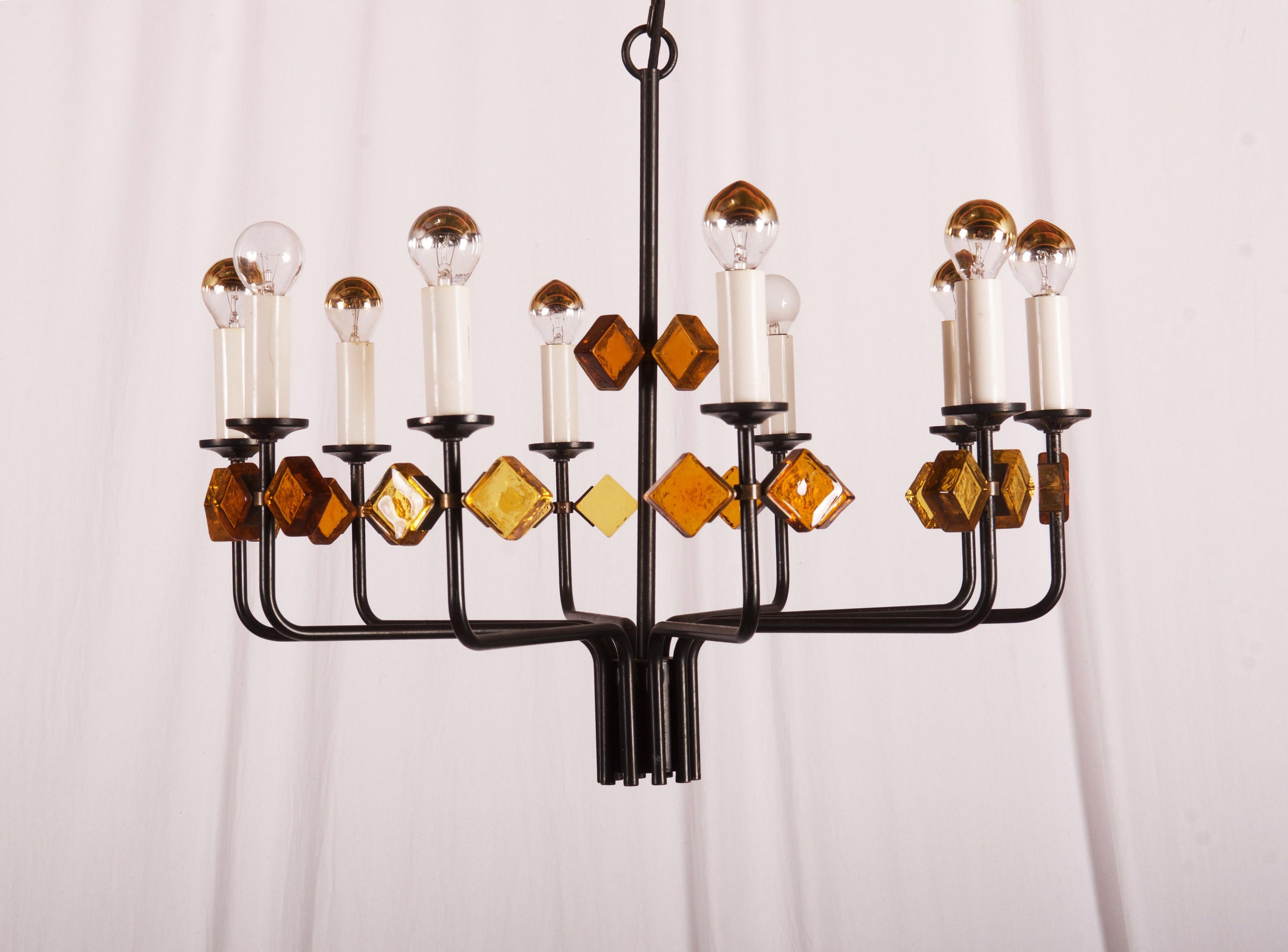 Scandinavian Glass and Iron Chandelier by Svend Aage Holm Sorensen For Sale 4