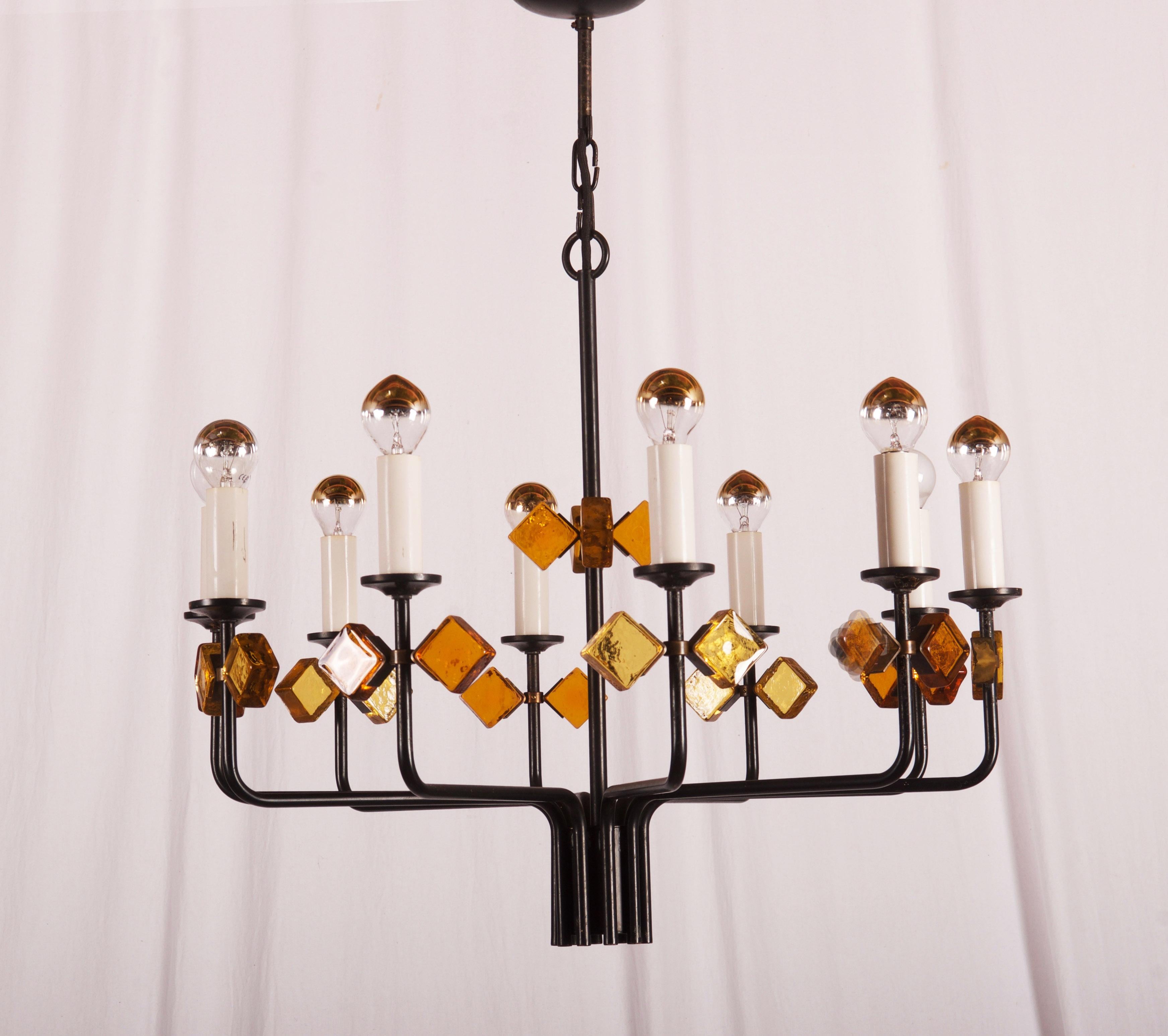 Scandinavian Glass and Iron Chandelier by Svend Aage Holm Sorensen For Sale 5