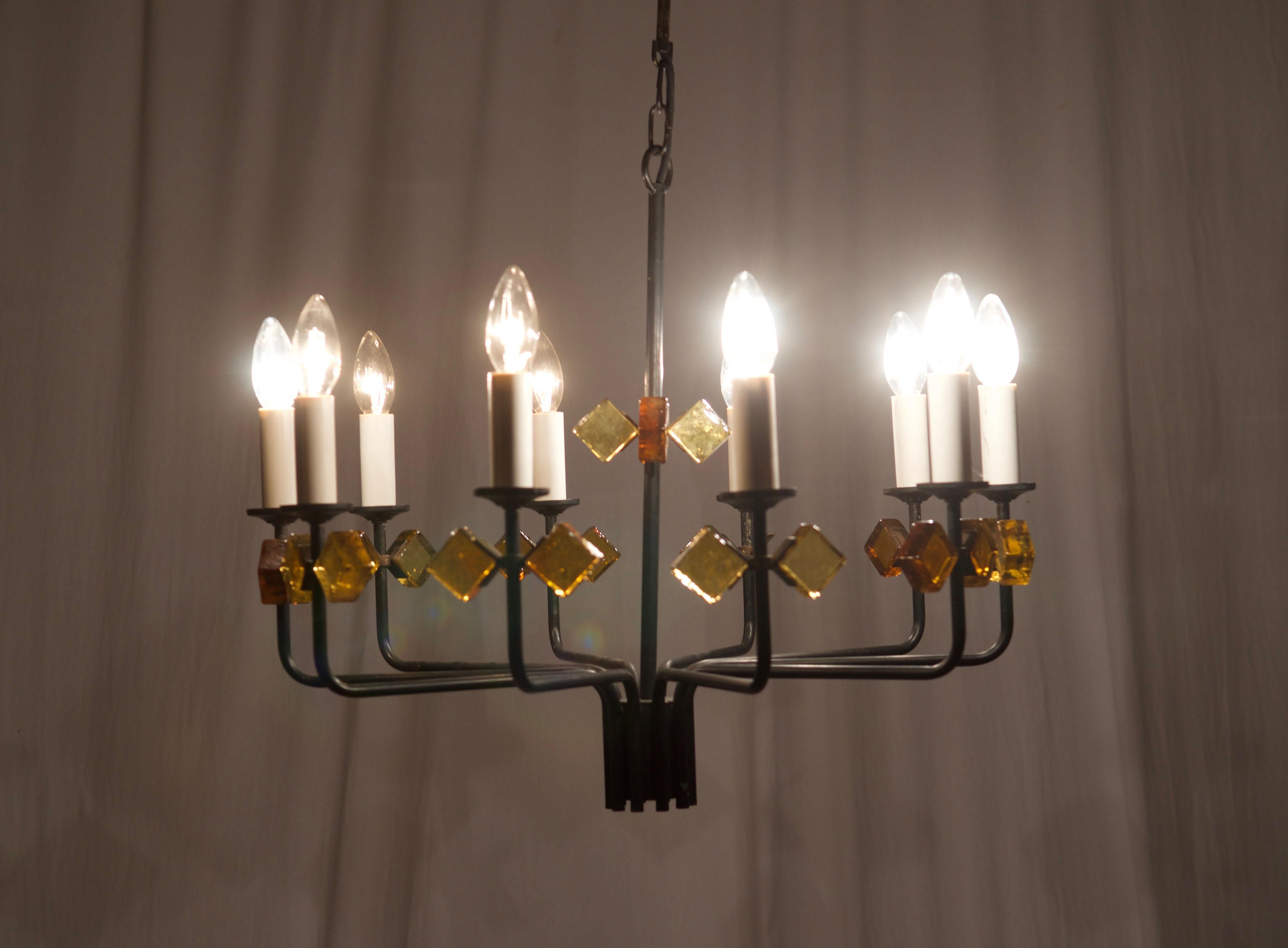 Scandinavian Glass and Iron Chandelier by Svend Aage Holm Sorensen For Sale 6