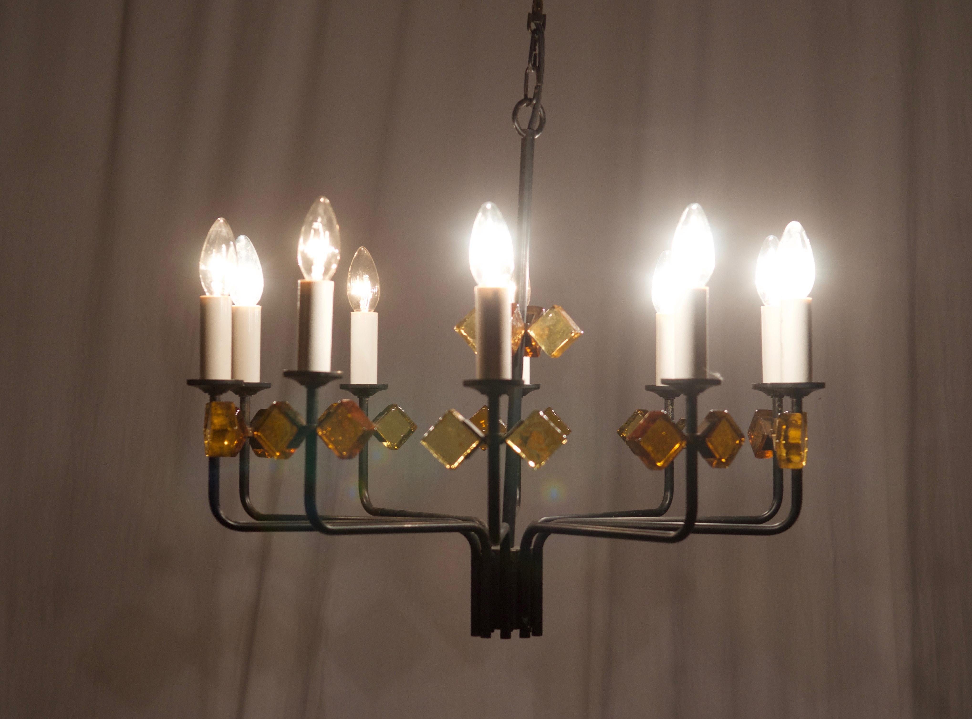 Scandinavian Glass and Iron Chandelier by Svend Aage Holm Sorensen For Sale 7