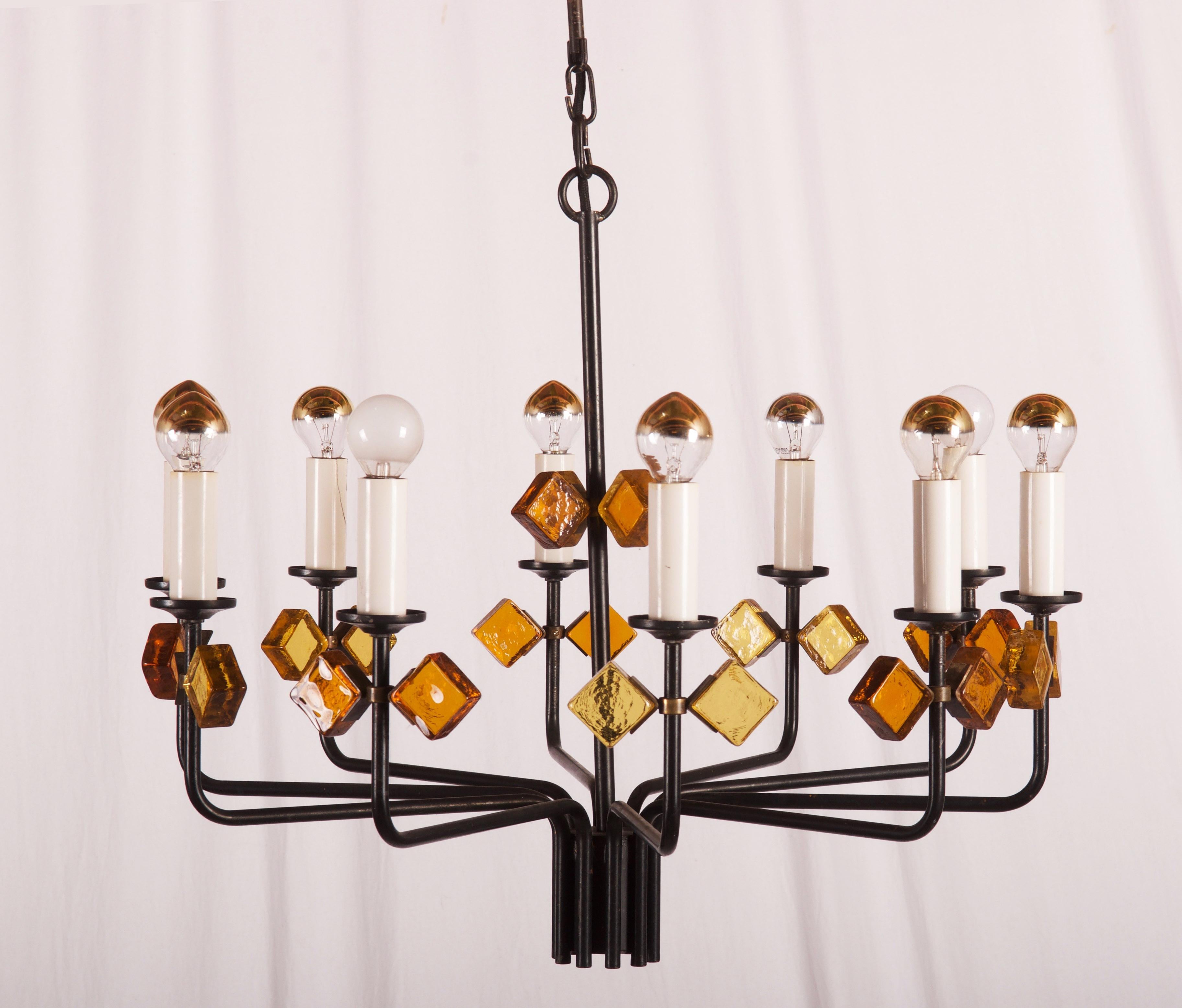 Scandinavian Modern Scandinavian Glass and Iron Chandelier by Svend Aage Holm Sorensen For Sale