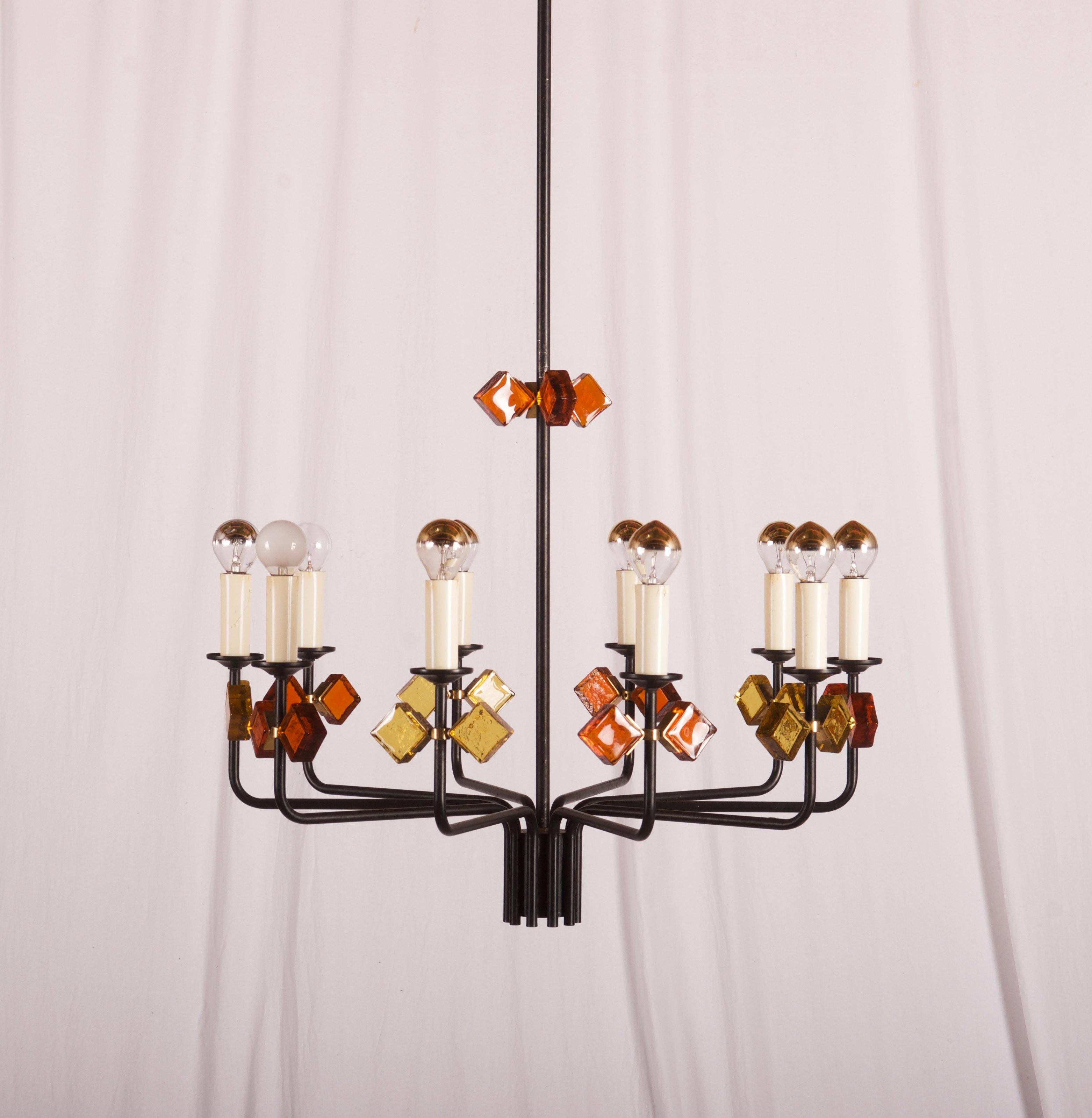 Mid-20th Century Scandinavian Glass & Iron Chandelier by Svend Aage Holm Sorensen For Sale