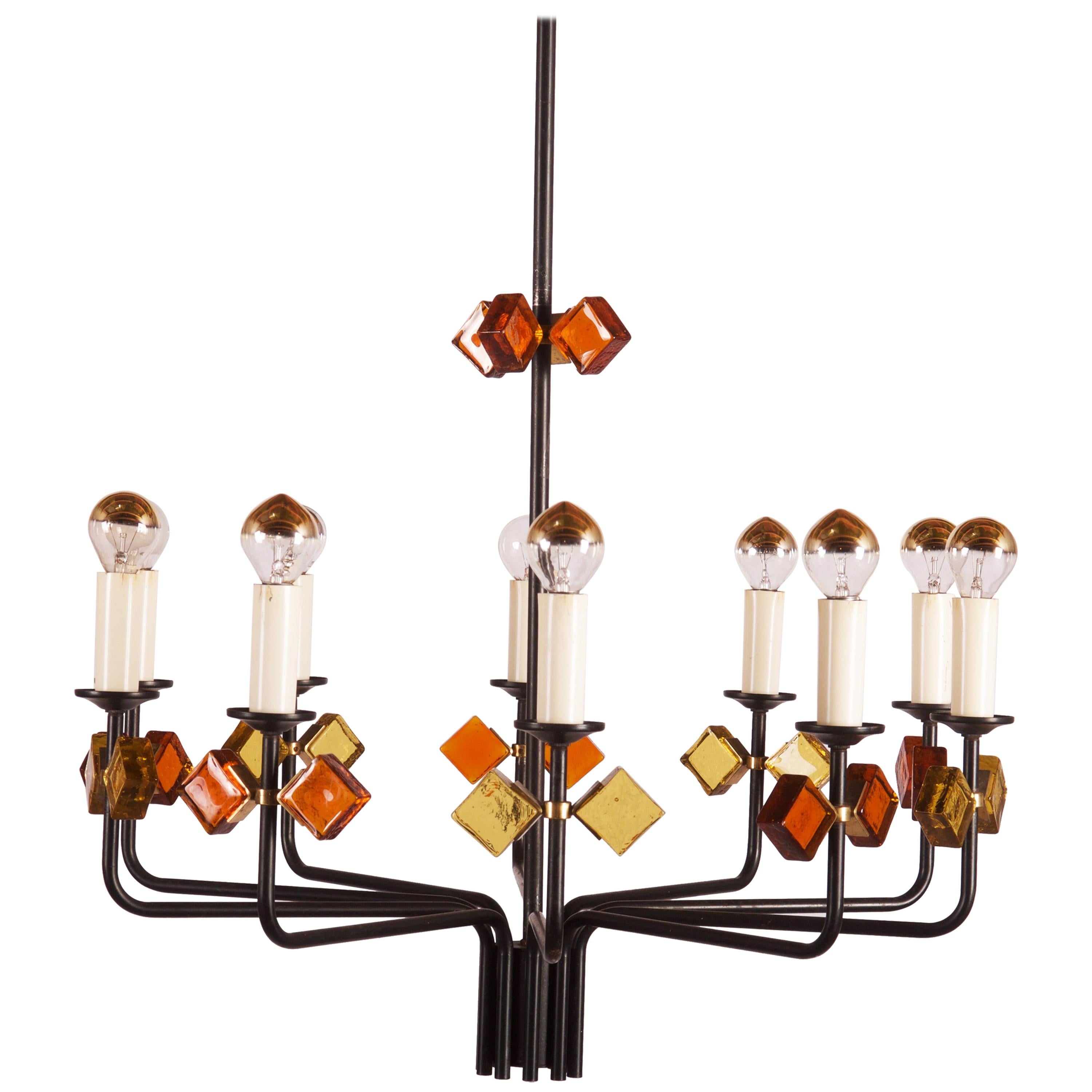 Scandinavian Glass & Iron Chandelier by Svend Aage Holm Sorensen For Sale