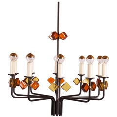 Retro Scandinavian Glass & Iron Chandelier by Svend Aage Holm Sorensen