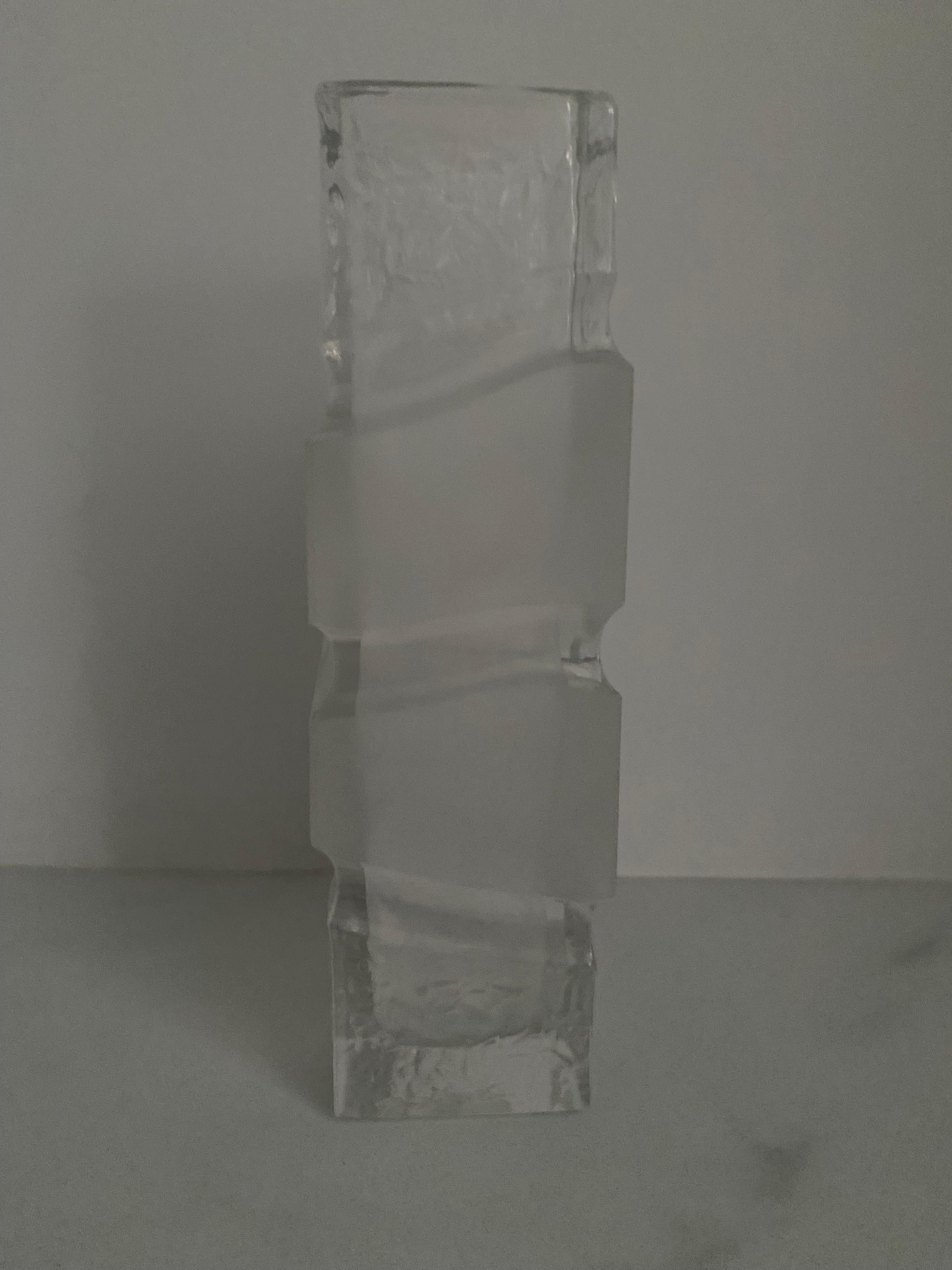 Very nice glass vase with frosted parts and clear carved parts. A bit of a brutalist style.