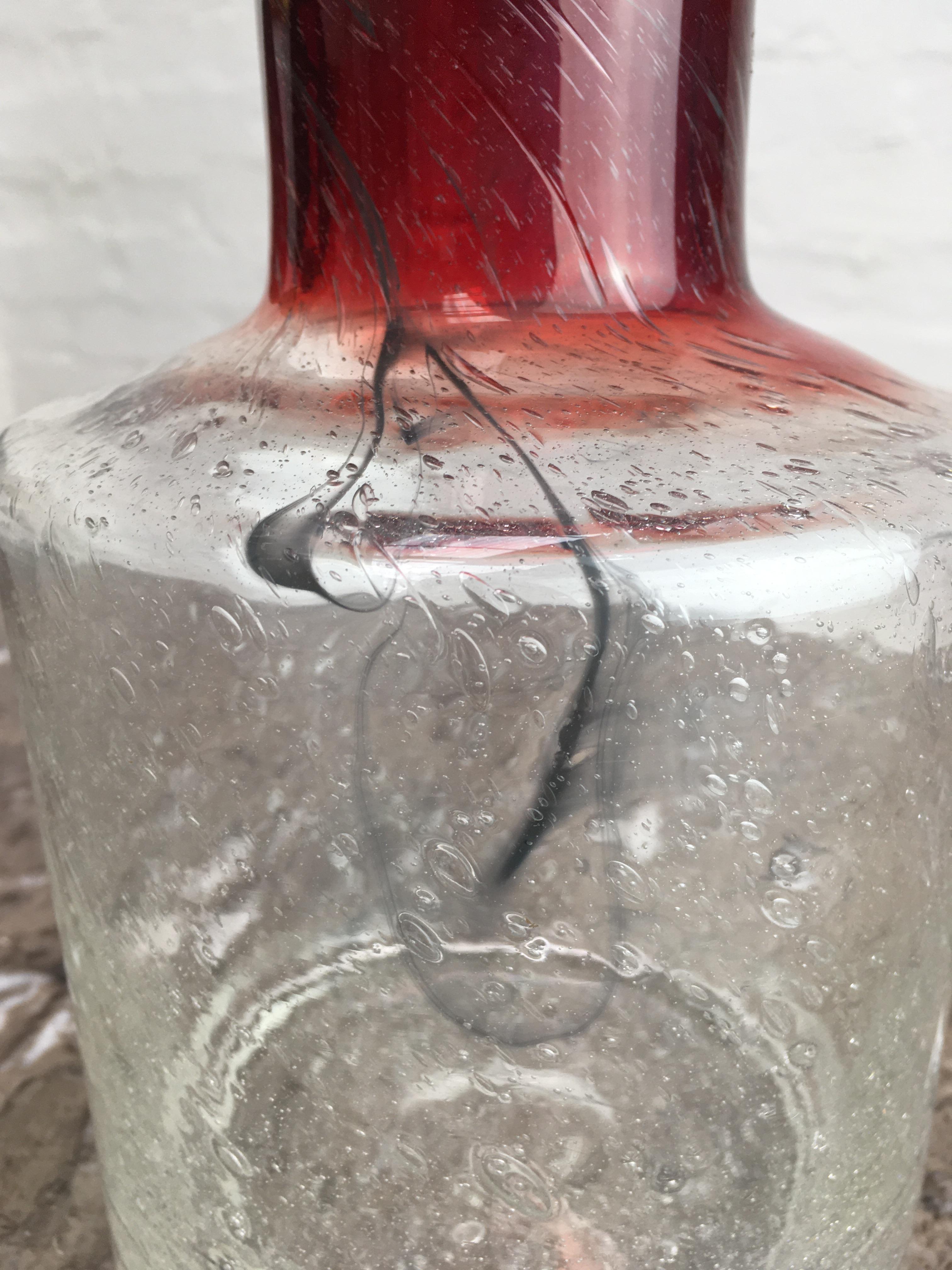 Late 20th Century Scandinavian Glass Vase Ombre Crimson and Clear Bubble Brutalist Unsigned, 1970s For Sale