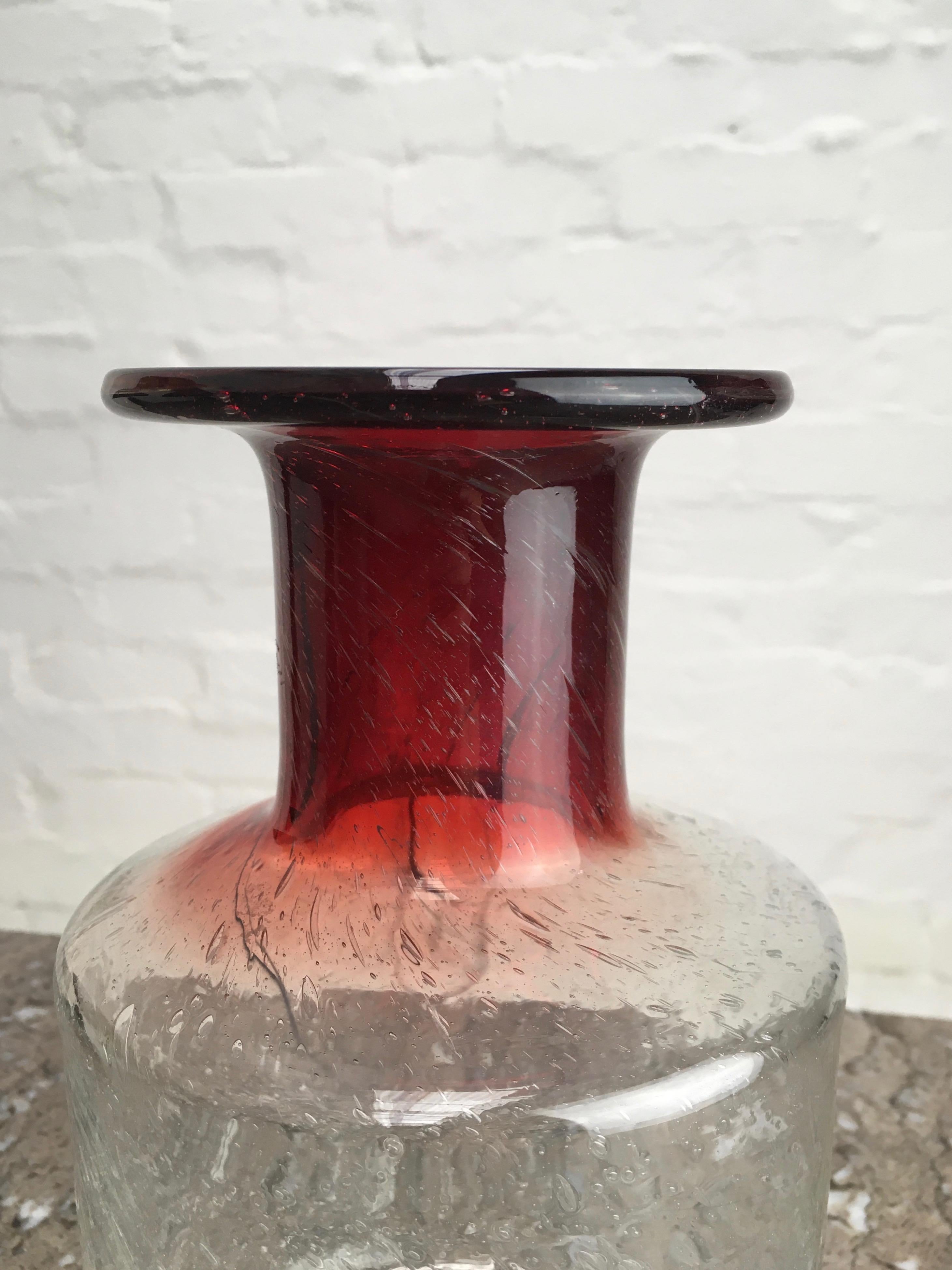 Art Glass Scandinavian Glass Vase Ombre Crimson and Clear Bubble Brutalist Unsigned, 1970s For Sale