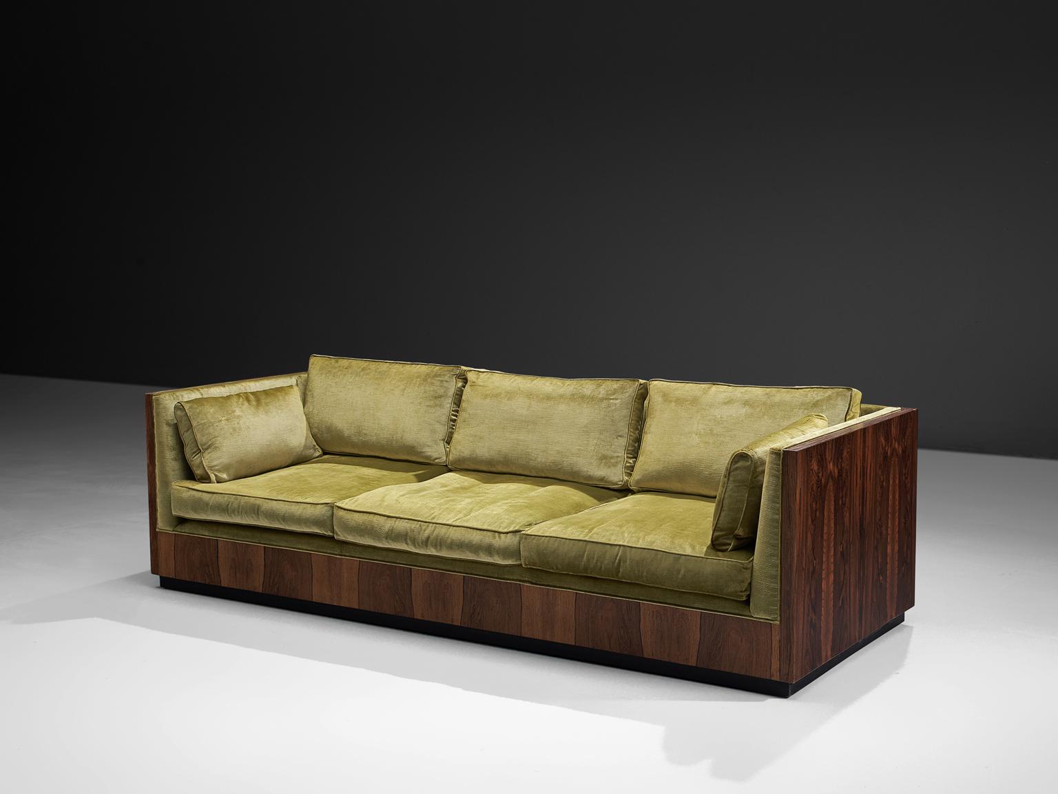 Mid-Century Modern Scandinavian Green Velvet and Rosewood Sofa