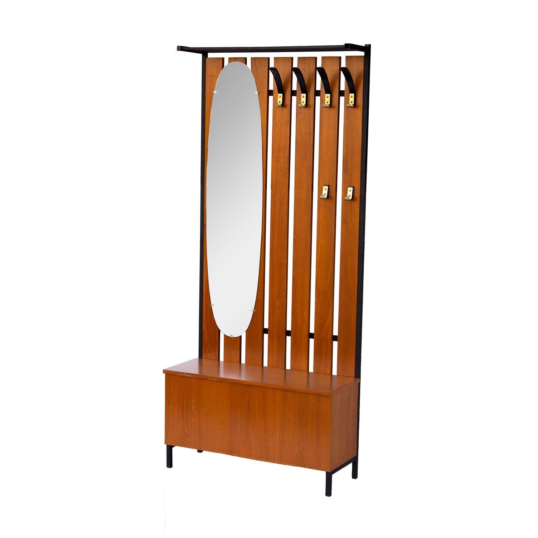 Scandinavian Modern Scandinavian Hall Tree and Storage Bench with Hooks and Mirror