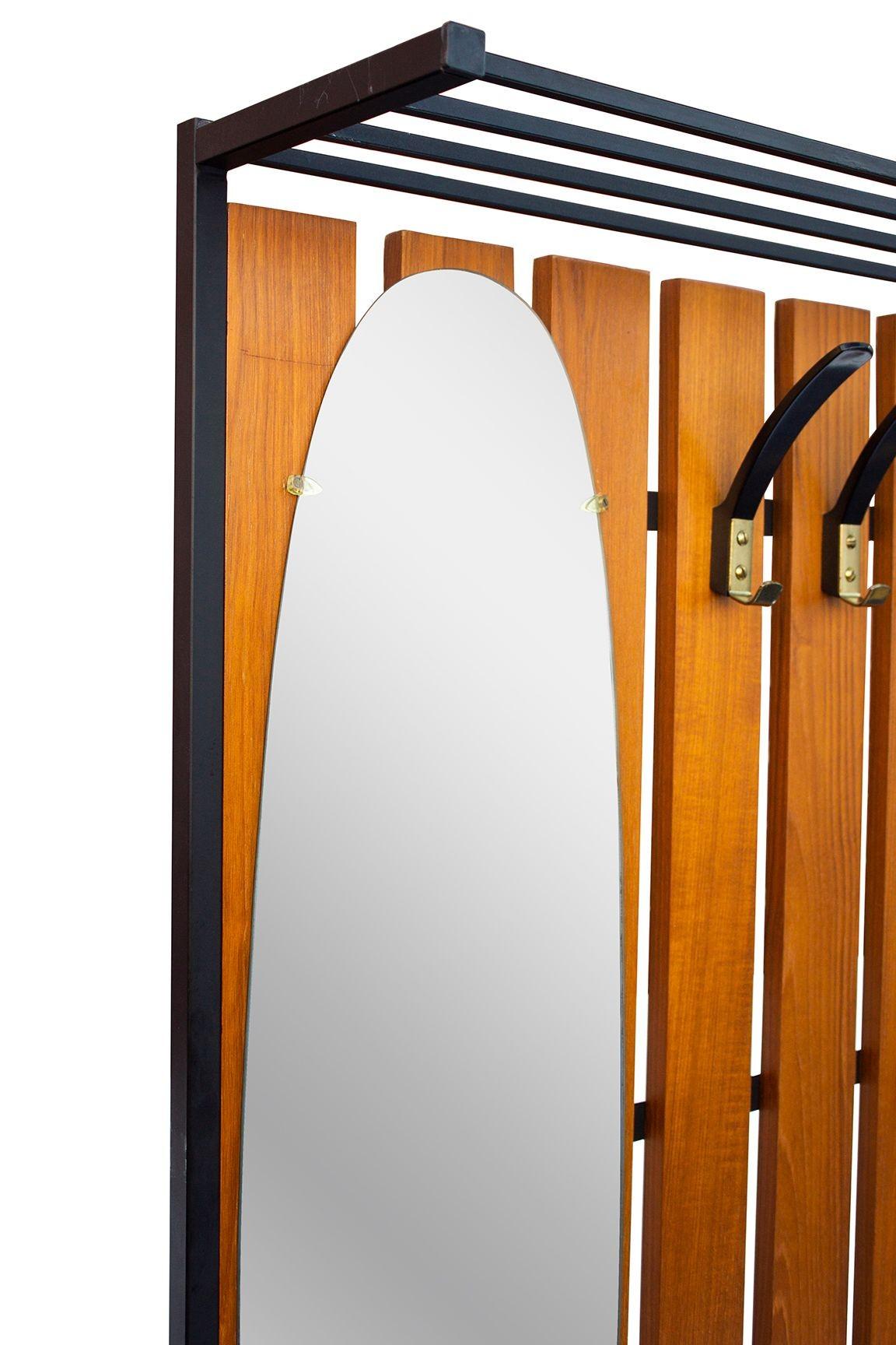 Mid-20th Century Scandinavian Hall Tree and Storage Bench with Hooks and Mirror