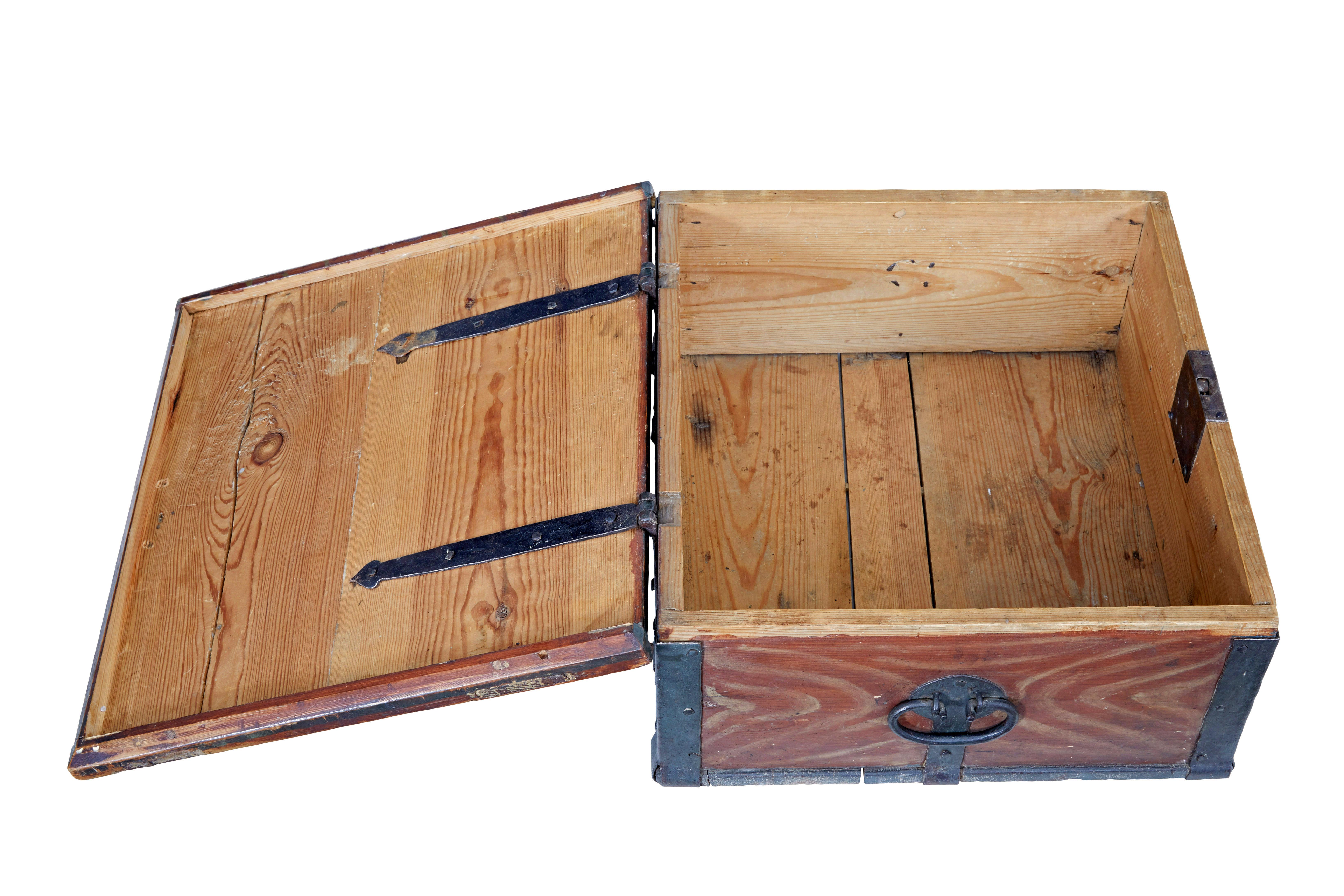 Rustic Scandinavian hand painted 19th century pine strong box