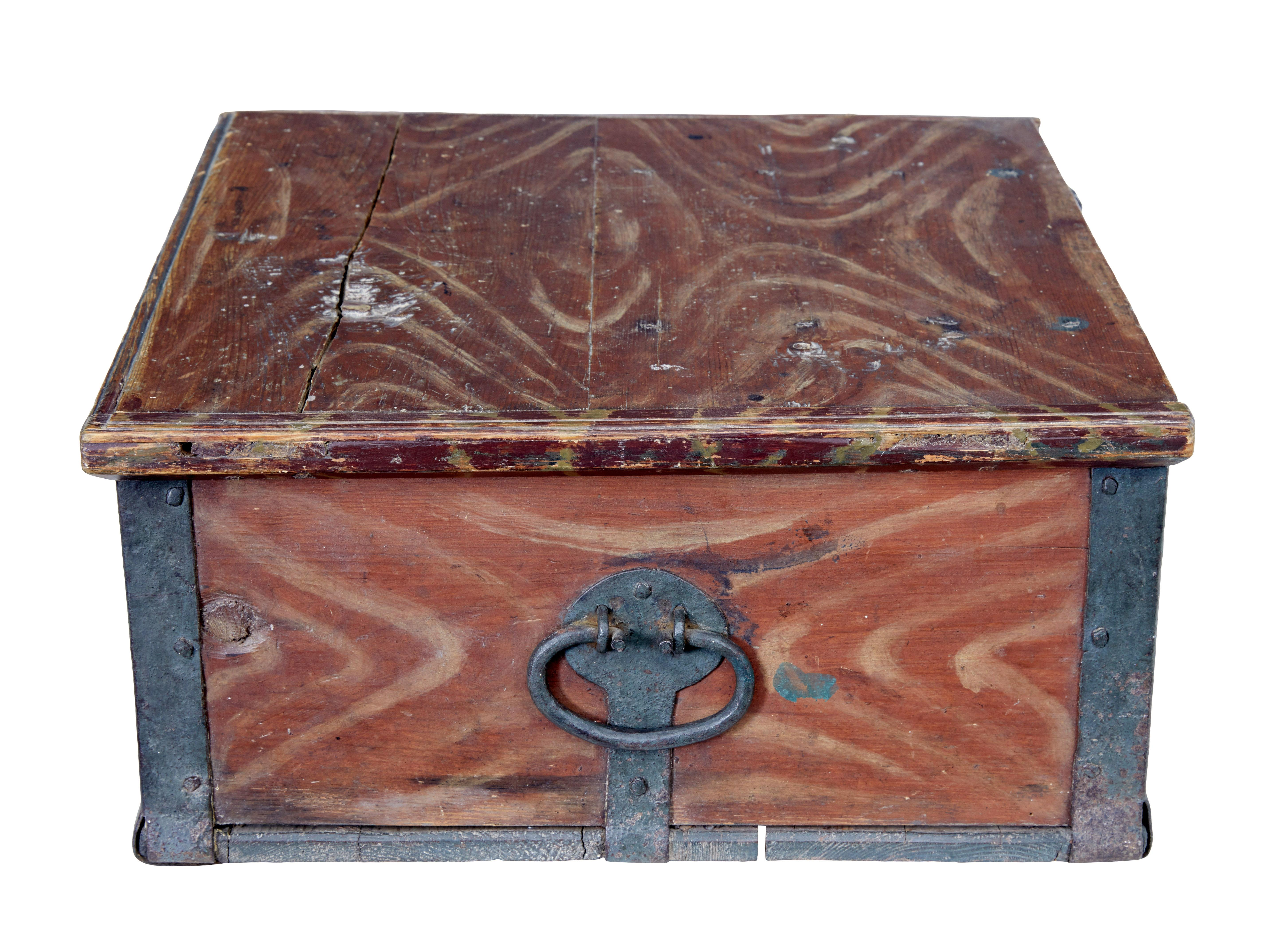 Folk Art Scandinavian Hand Painted 19th Century Pine Strong Box For Sale