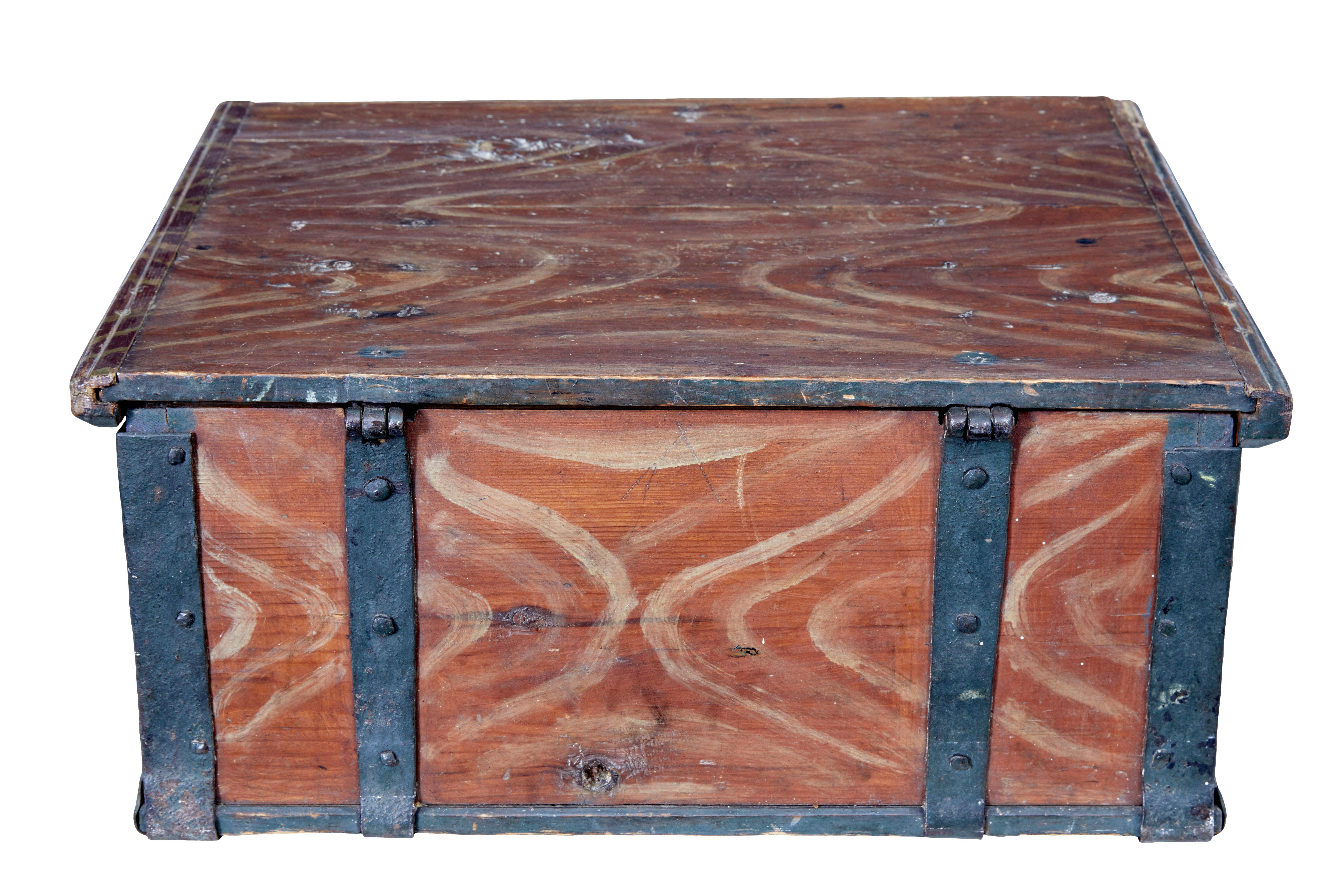 Swedish Scandinavian Hand Painted 19th Century Pine Strong Box For Sale