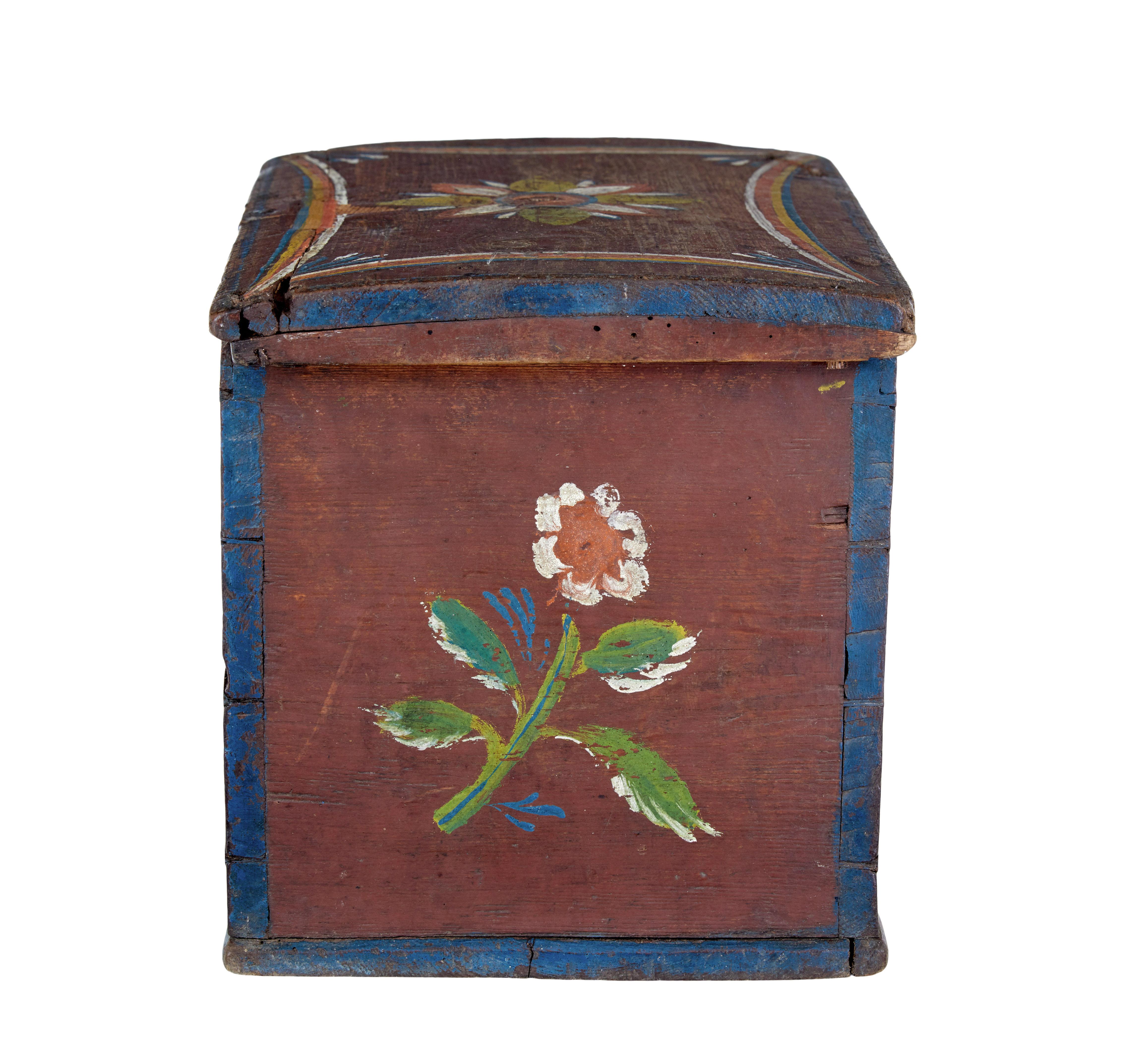 Hand-Crafted Scandinavian Hand Painted Folk Art Pine Box For Sale