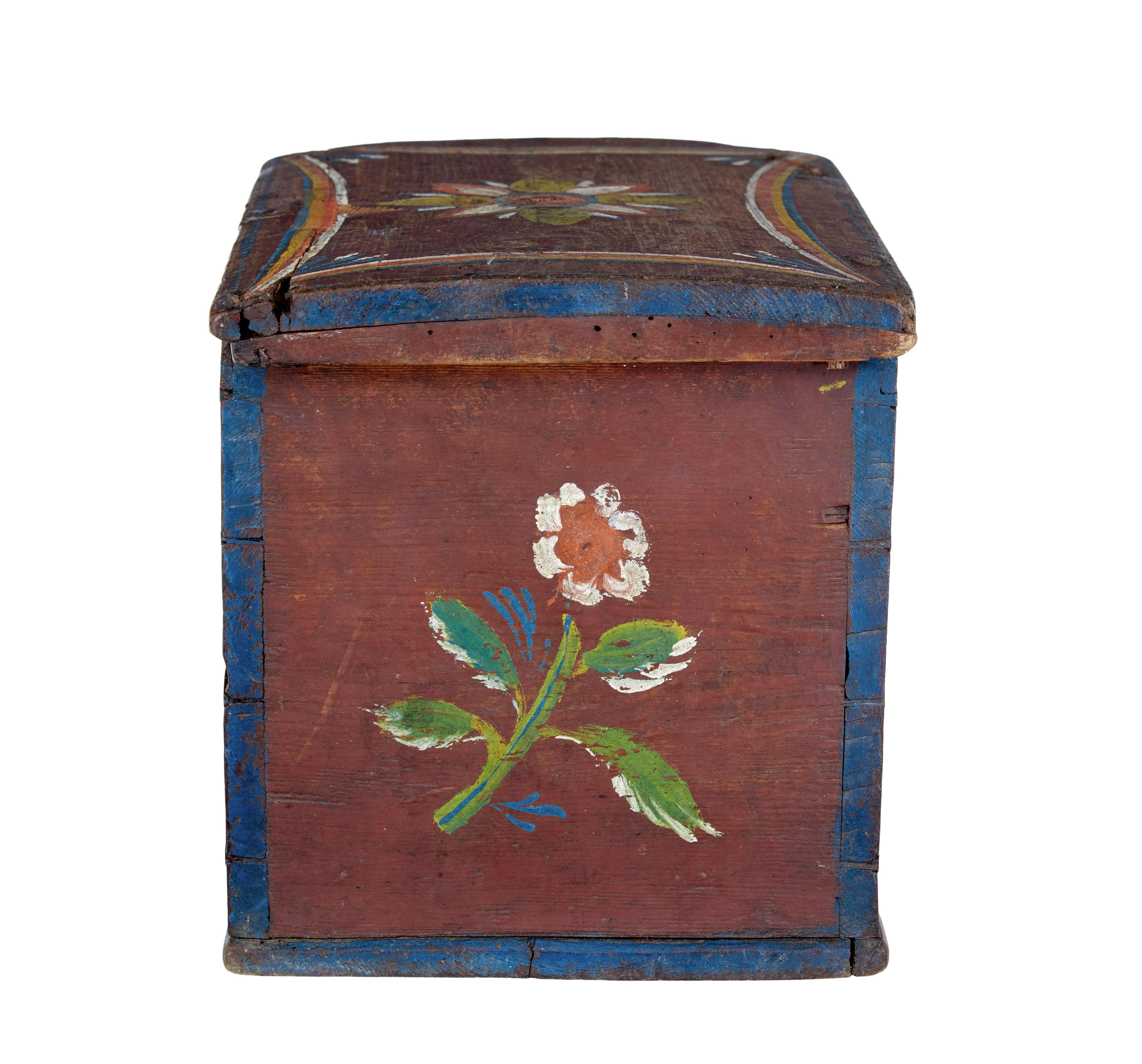 Hand-Crafted Scandinavian hand painted folk art pine box For Sale