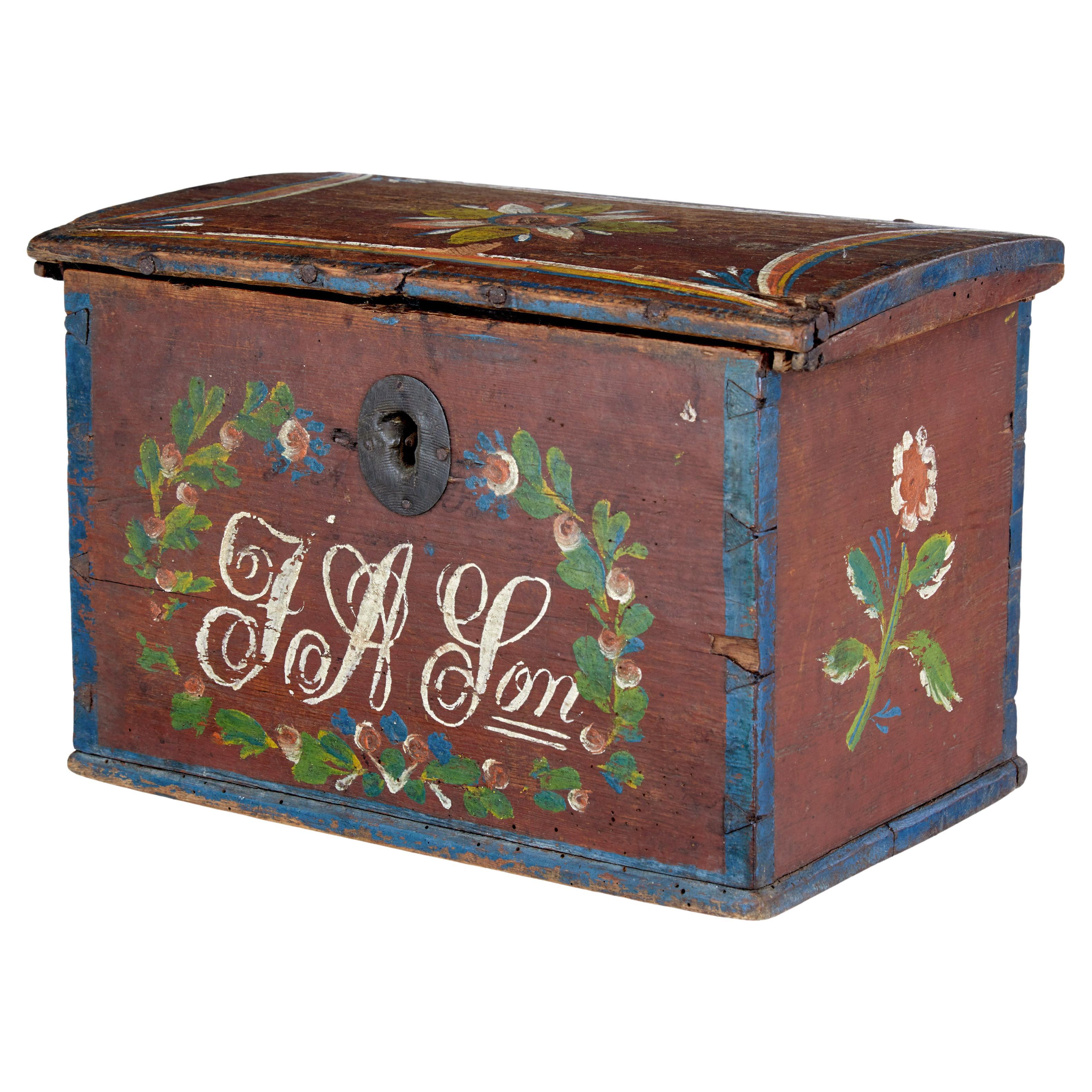 Scandinavian Hand Painted Folk Art Pine Box For Sale