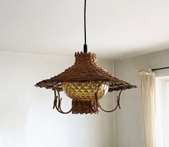 Scandinavian Hand Woven Rattan Wicker Pendant with Glass Globe, Denmark, 1960s