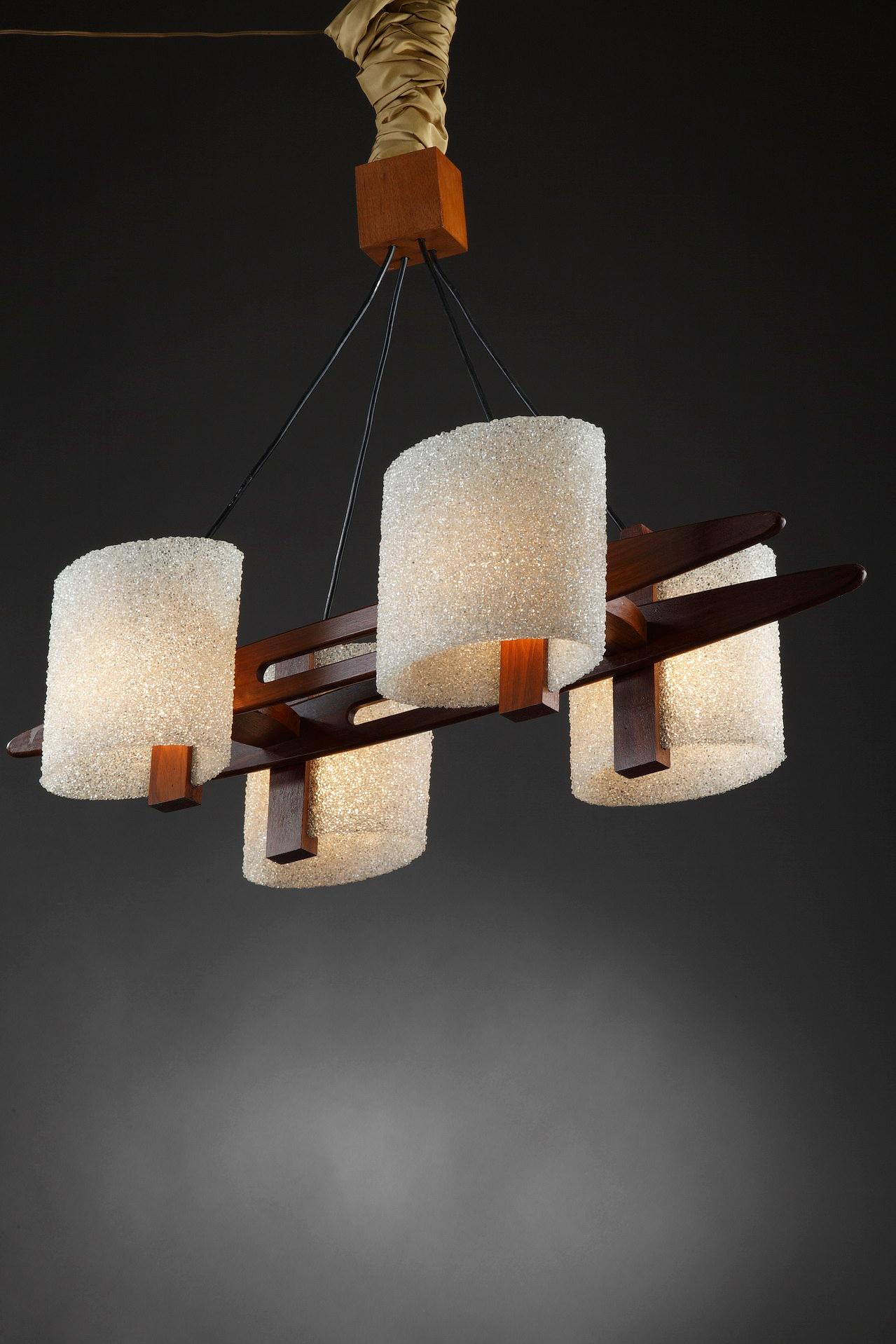 French Scandinavian Hanging Lamp in Teak and Perspex Granite For Sale