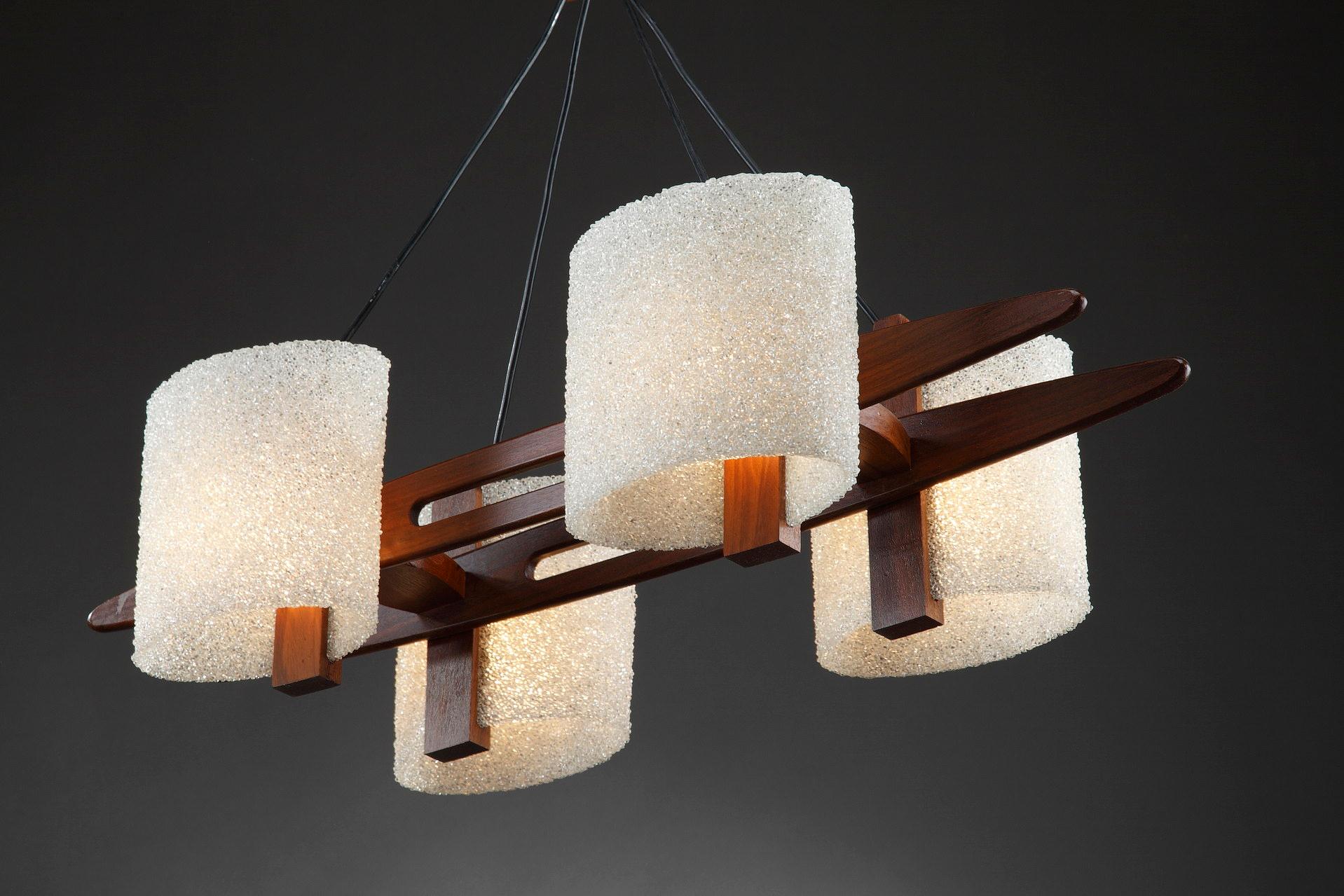 Scandinavian Hanging Lamp in Teak and Perspex Granite In Good Condition For Sale In Paris, FR