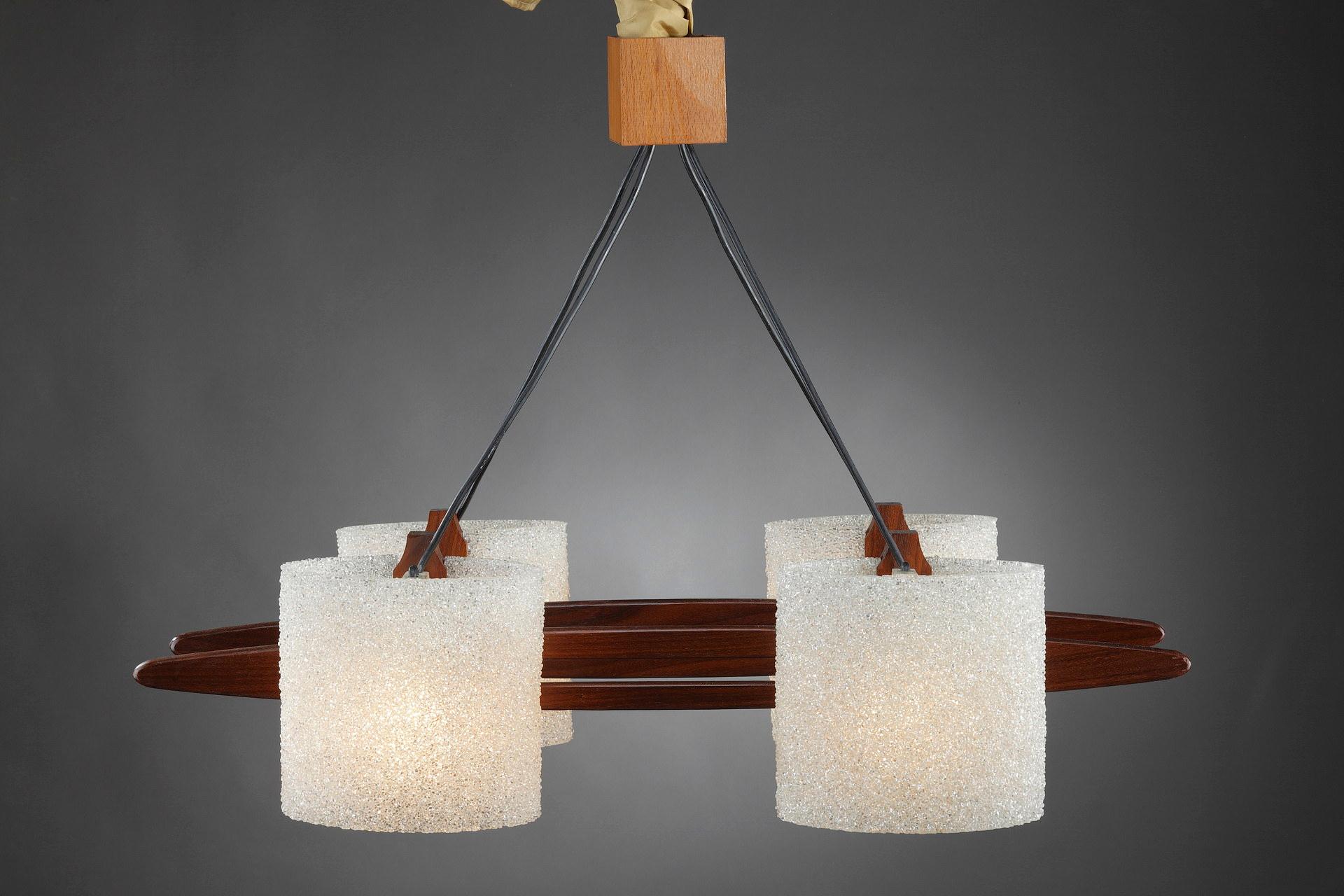 Glass Scandinavian Hanging Lamp in Teak and Perspex Granite For Sale