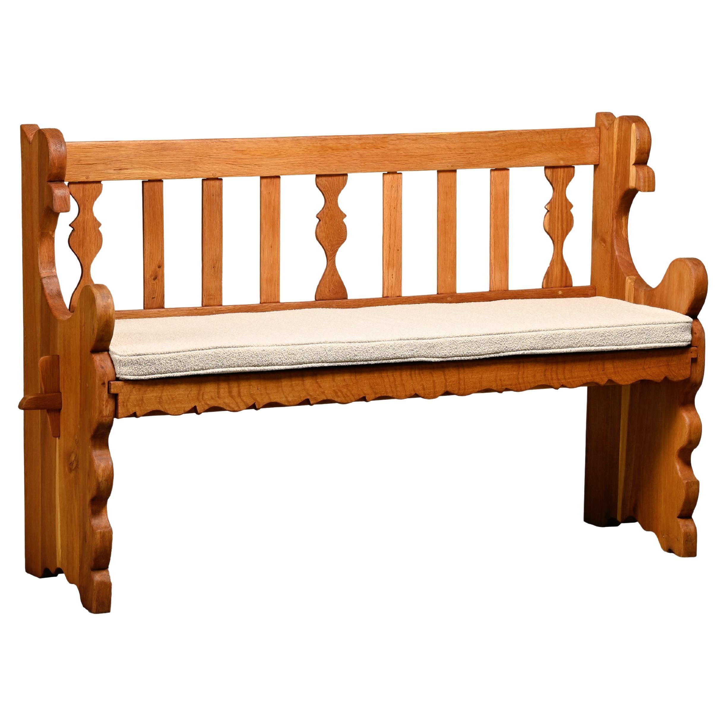 Scandinavian Henning Kjærnulf style Hall Bench in solid Oak and Bouclé cushion For Sale