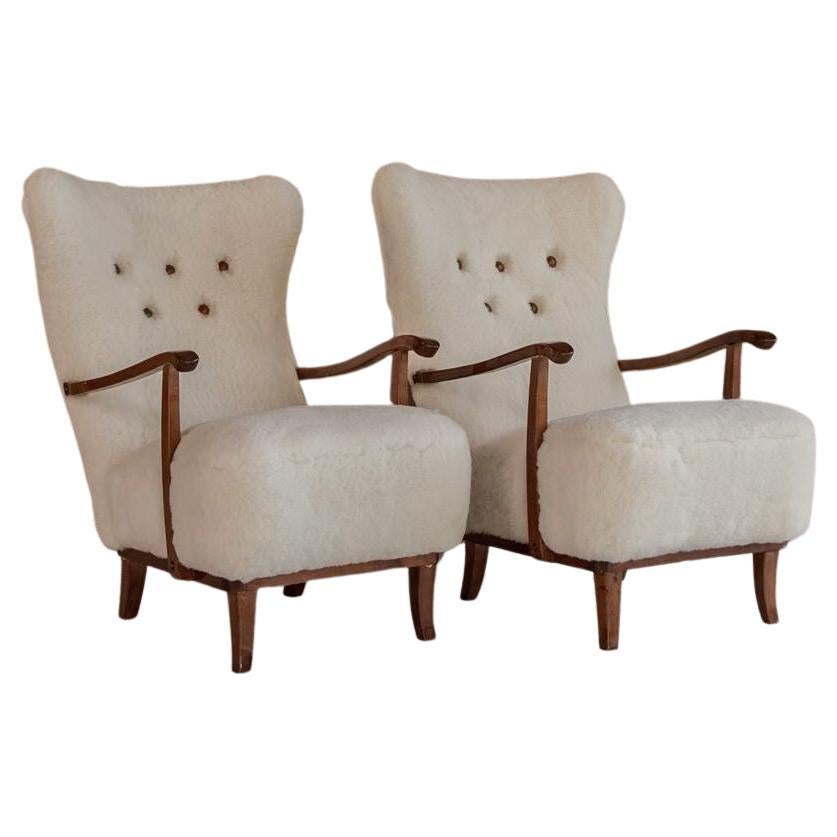 Scandinavian High Back Armchairs 1950s Newly Upholstered Sheepskin