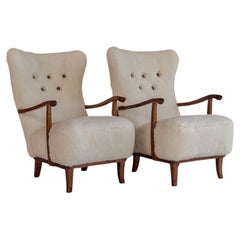 Scandinavian High Back Armchairs 1950s Newly Upholstered Sheepskin