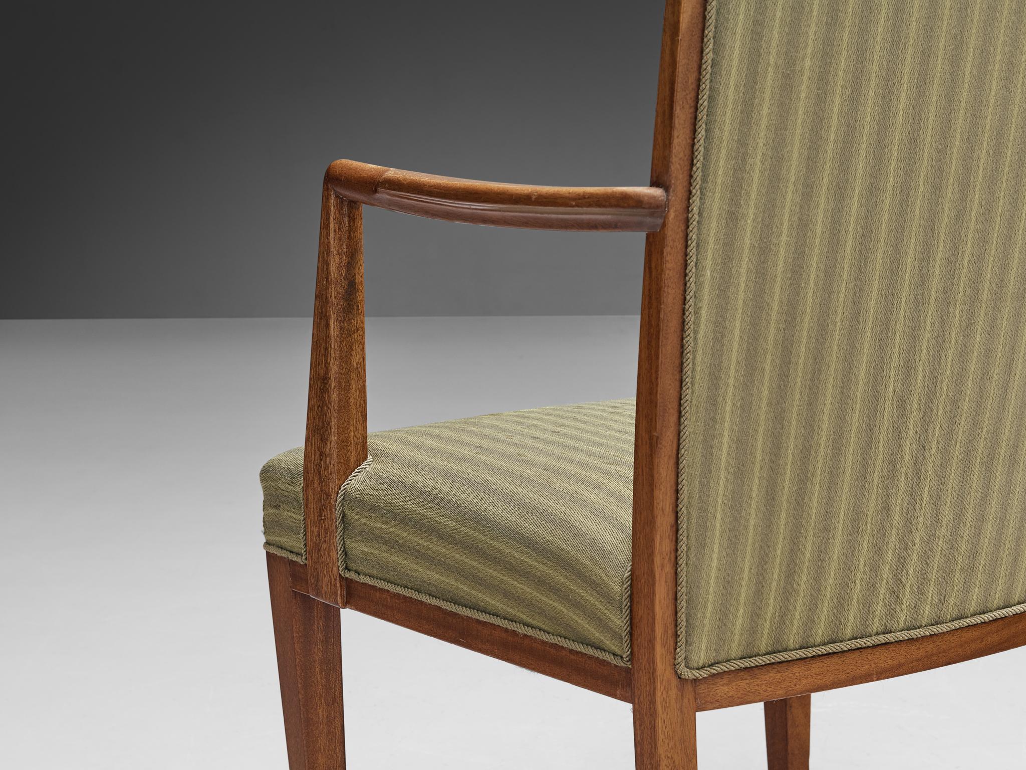 Fabric Scandinavian High Back Chair in Oak and Green Striped Upholstery  For Sale