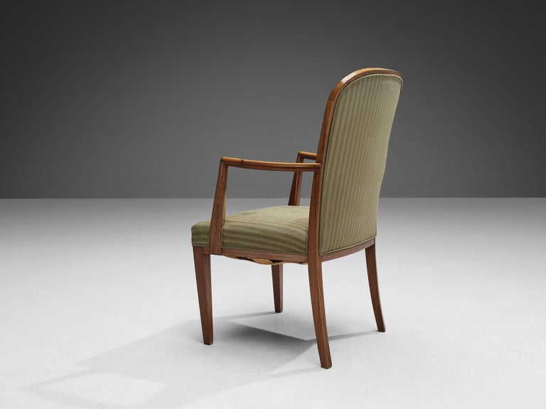 Scandinavian High Back Chair in Oak and Green Striped Upholstery For