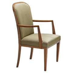 Vintage Scandinavian High Back Chair in Oak and Green Striped Upholstery